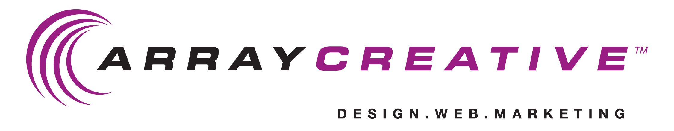 Array logo. The logo displays "Array Creative" in bold text with a purple wave graphic. Below, the tagline reads "Design. Web. Marketing" in a professional, clean font.