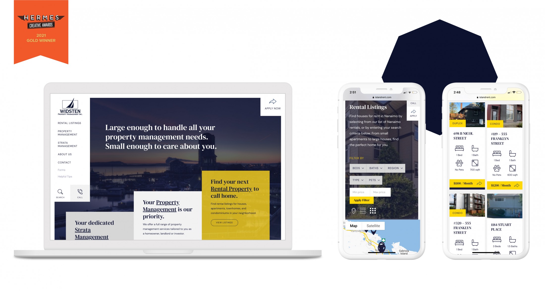 Mockups of Widsten Properties Management Ltd.'s website on laptop and mobile devices. Winner of Hermes Creative Awards.