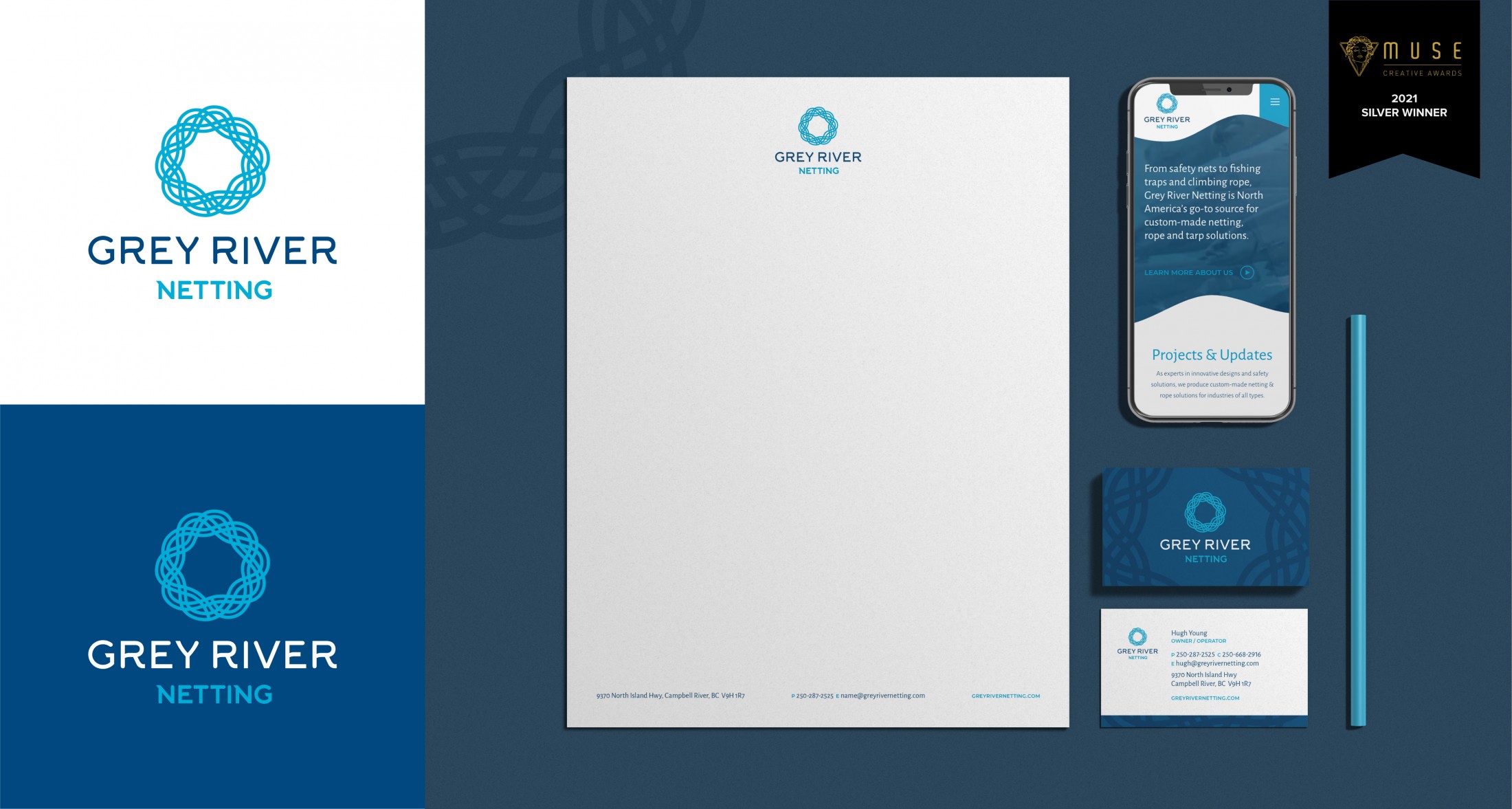 Collage of brand assets for Grey River Netting, including logo variations, stationary, mobile website, and business cards.