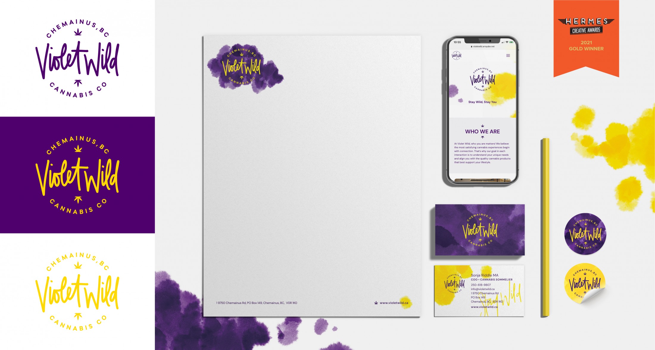 Collage of brand assets for Violet Wild, including logo variations, stationary, mobile website, and business cards.