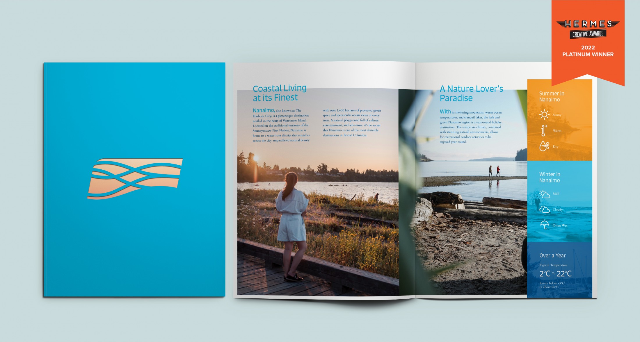 Brochure for Vancouver Island Conference Centre with a Hermes Creative Awards 2022 Platinum Winner ribbon.
