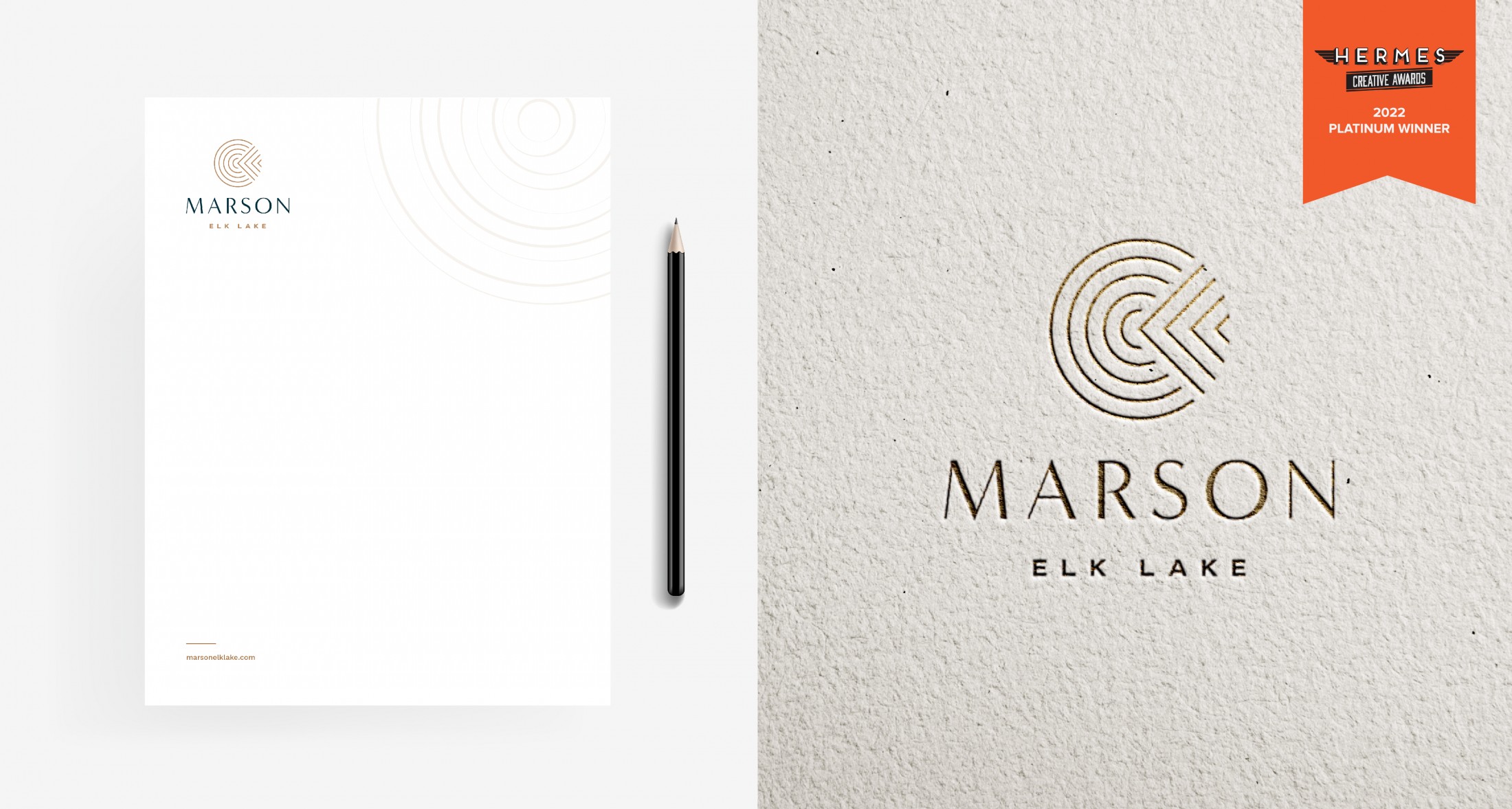 Branded letterhead and Marson Elk Lake logo with a Hermes Creative Awards 2022 Platinum Winner ribbon.