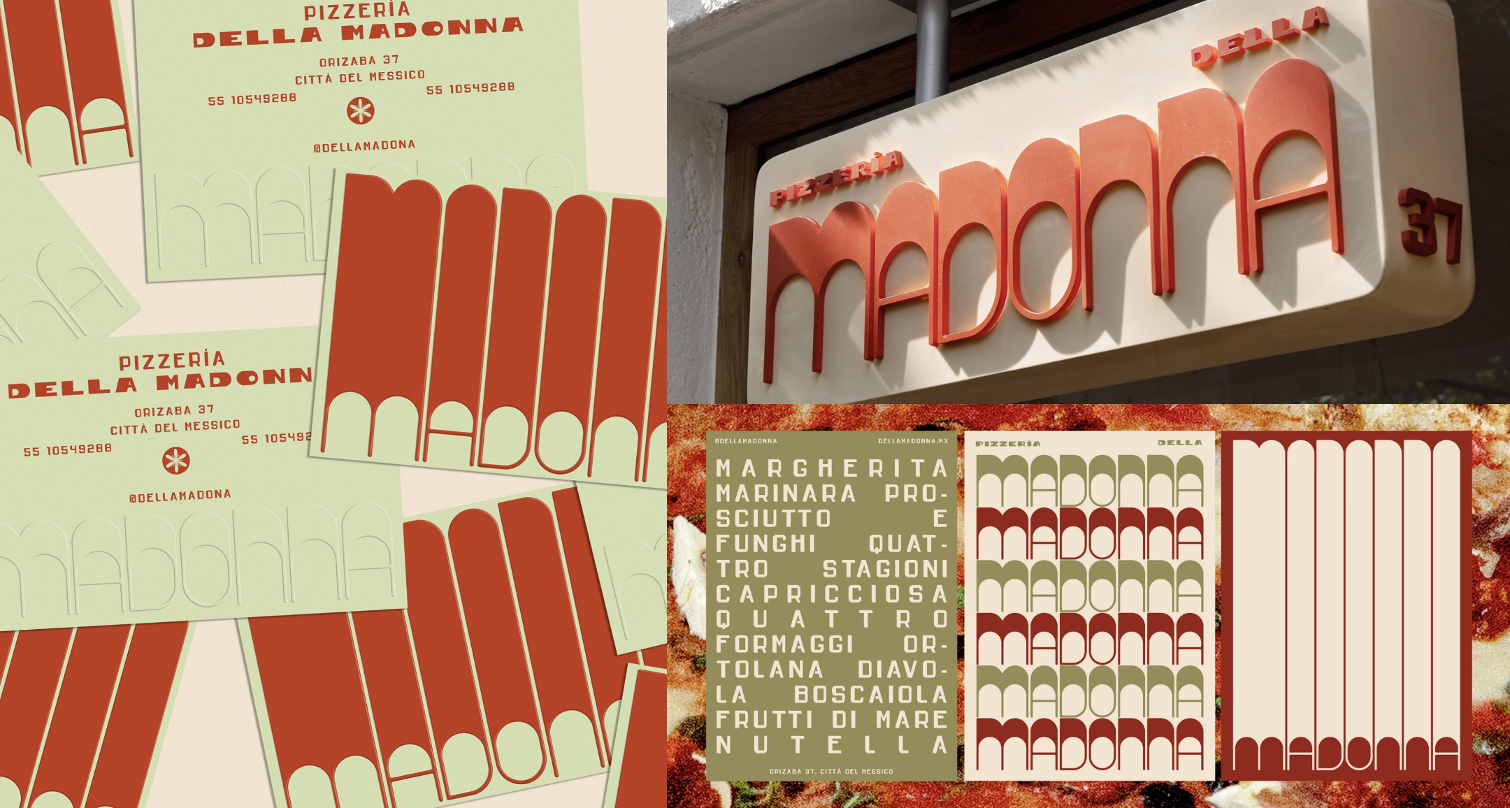 Visual branding for Pizzeria Della Madonna, featuring bold red and green business cards, a retro-styled restaurant sign, and a pizza menu with classic Italian options in a blocky font.