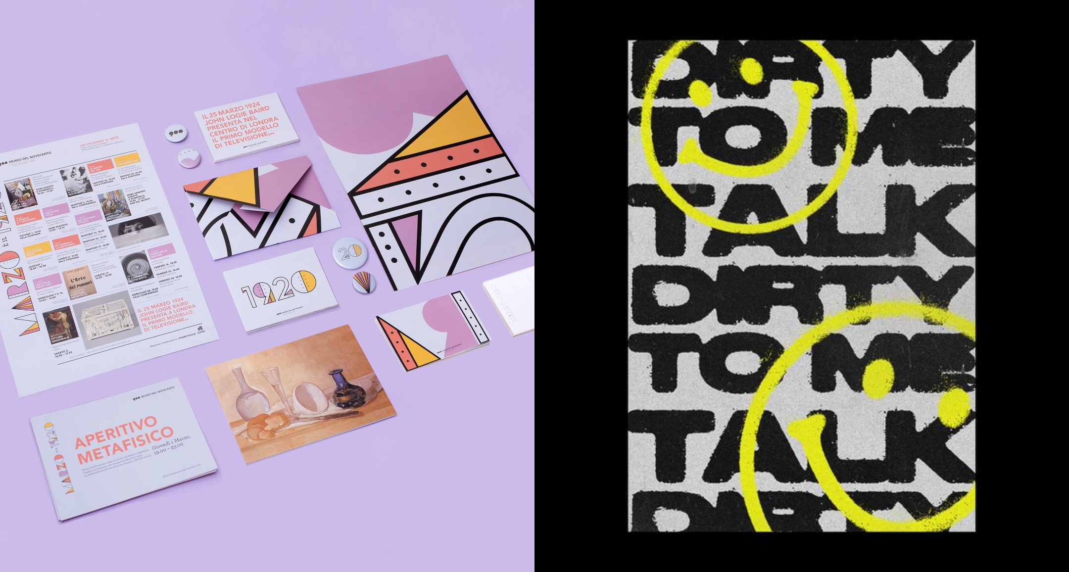 On the left, various colorful graphic materials, including brochures, cards, and buttons, are laid out on a lavender background. On the right, a bold design features the text 'Talk Dirty to Me' with a yellow smiley face overlaid on the black and white background.