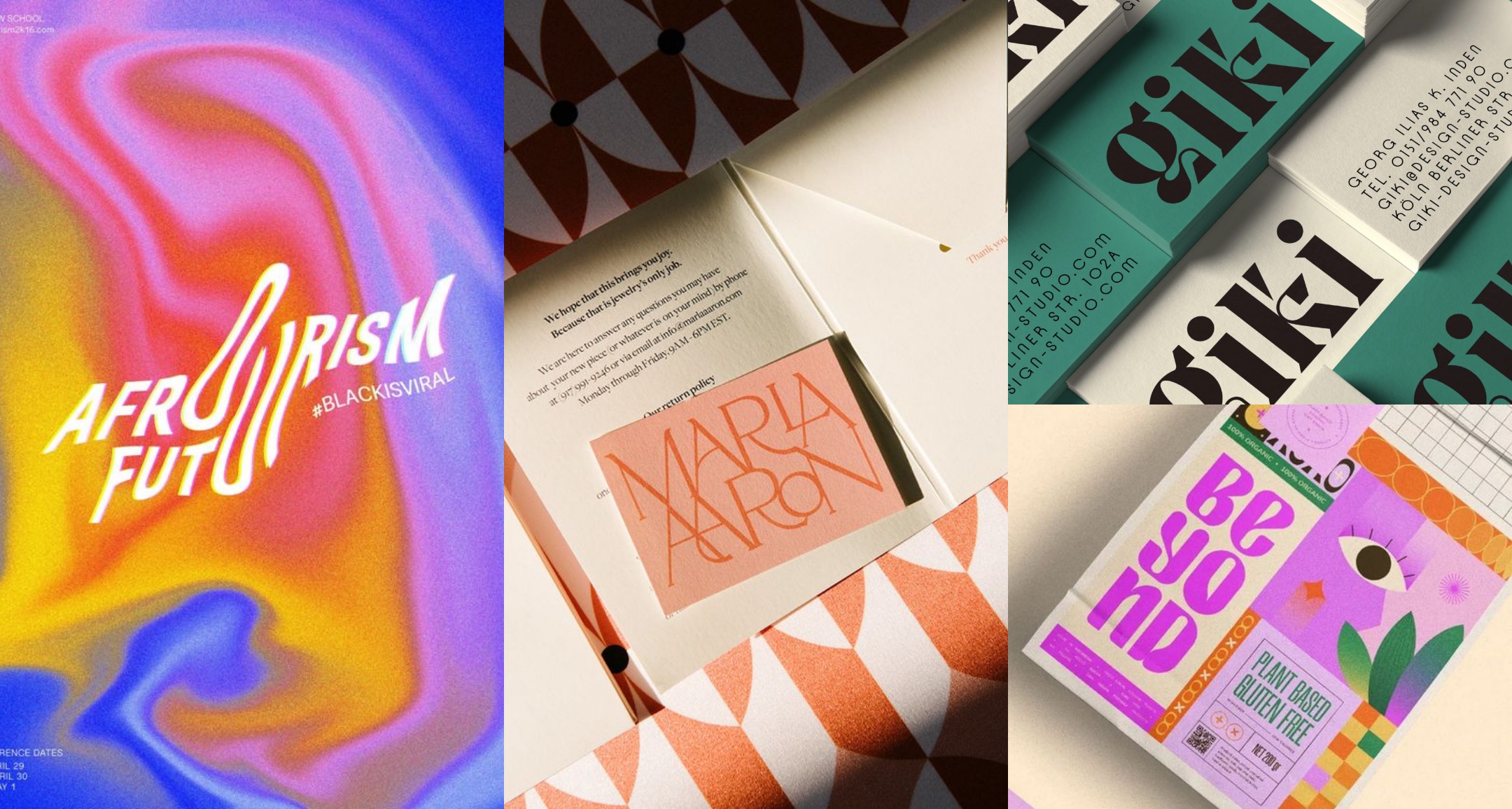 A colorful collection of design projects including a vibrant Afrofuturism poster, elegant product packaging for Maria Aaron jewelry, bold typography on Giki business cards, and playful Beyond plant-based food packaging.
