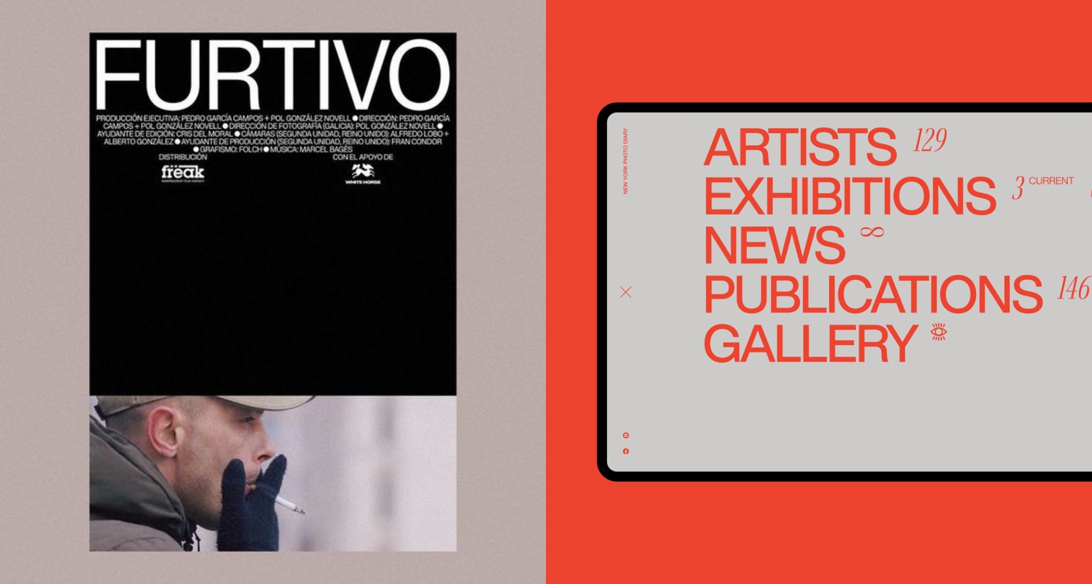 On the left, a film poster for 'Furtivo' shows a man smoking, with a large black block of text above. On the right, a website layout with bold red typography lists categories like 'Artists,' 'Exhibitions,' and 'News' on a minimalist gray background.