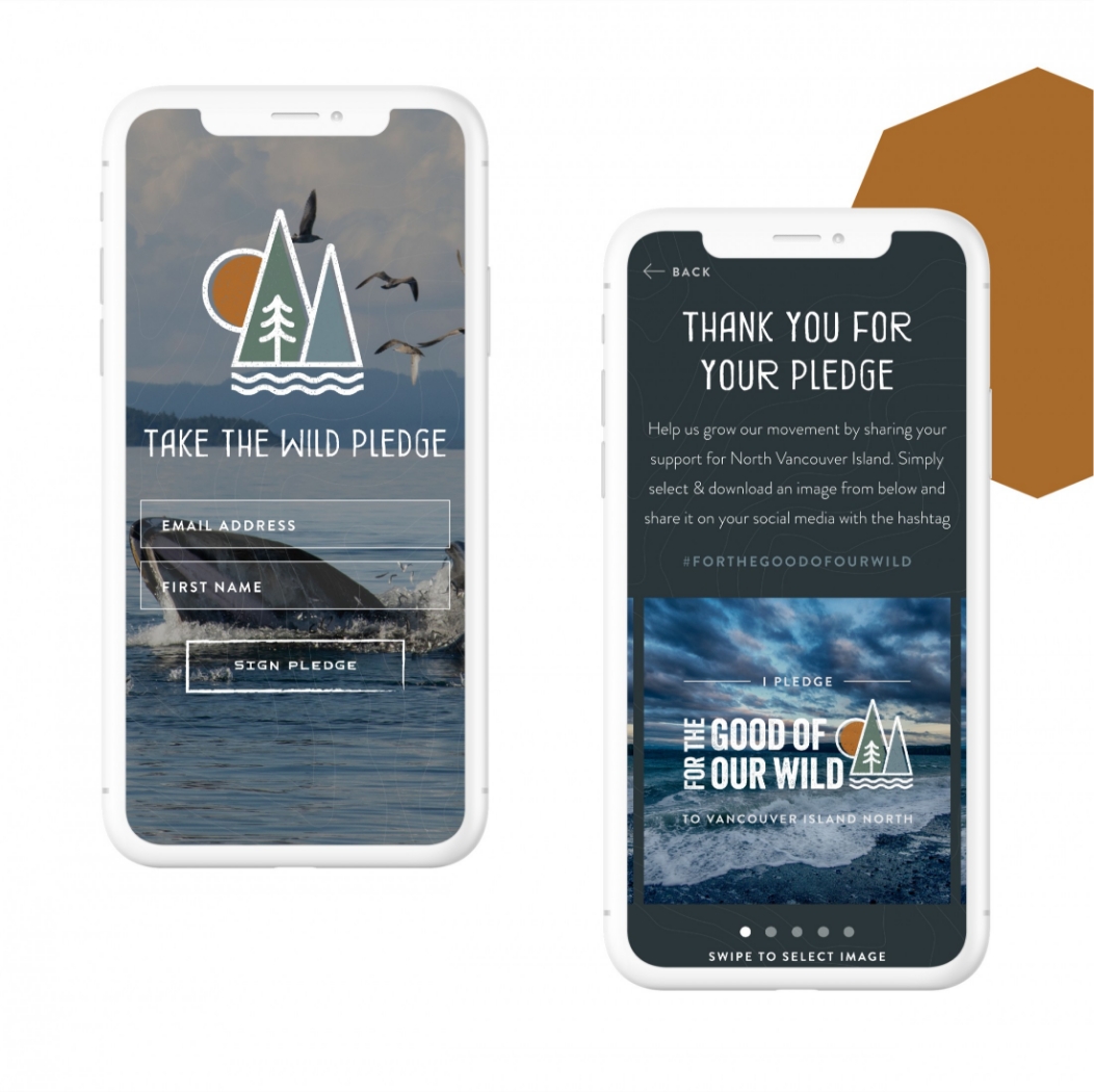 Two smartphones display screens from a Pay Per Click campaign titled "Take the Wild Pledge," encouraging engagement with North Vancouver Island's environmental conservation efforts.