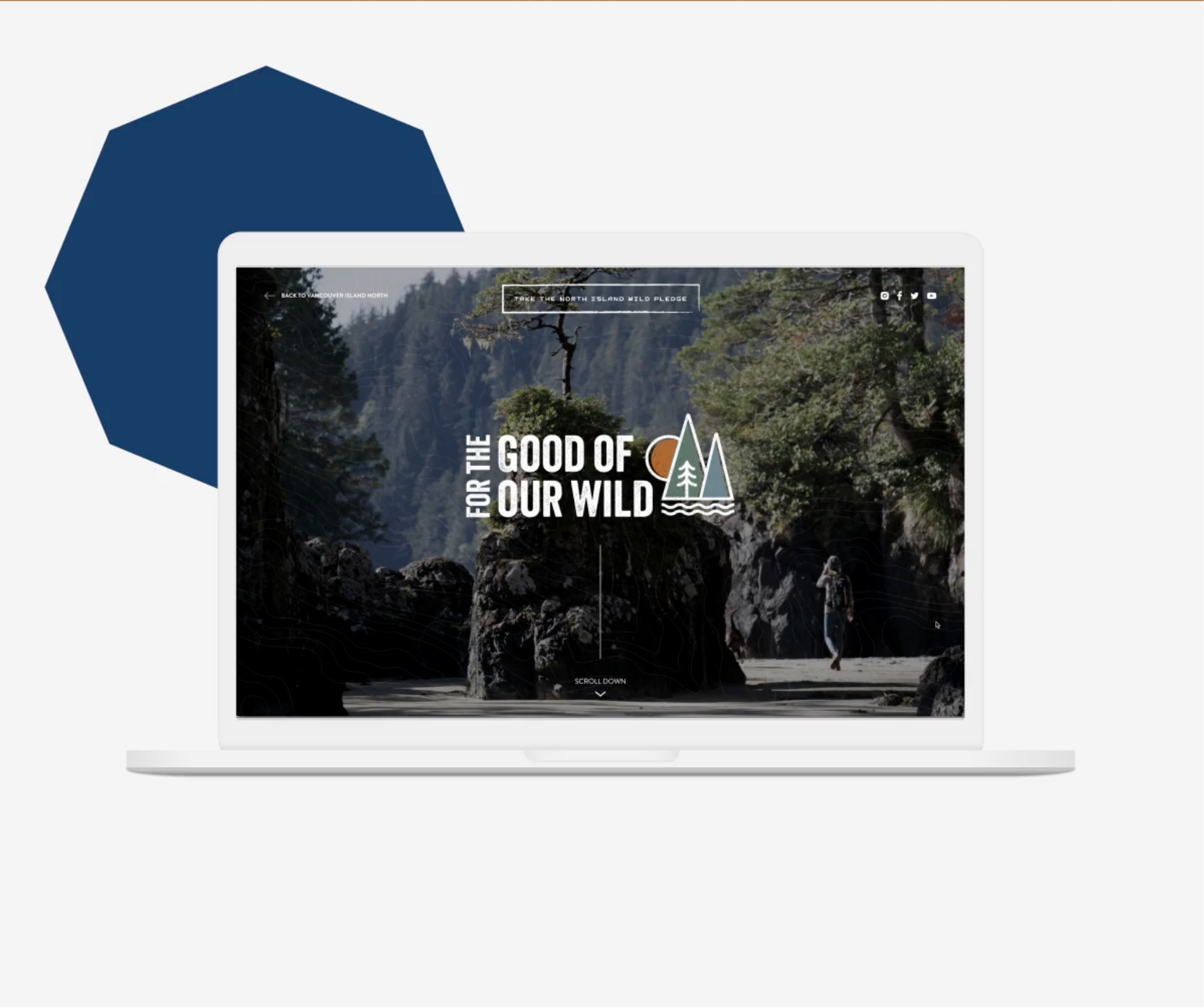 Mockup of laptop with For the Good of Our Wild campaign landing page. Brand logo on a background featuring a rocky wooded area with a call to action button.