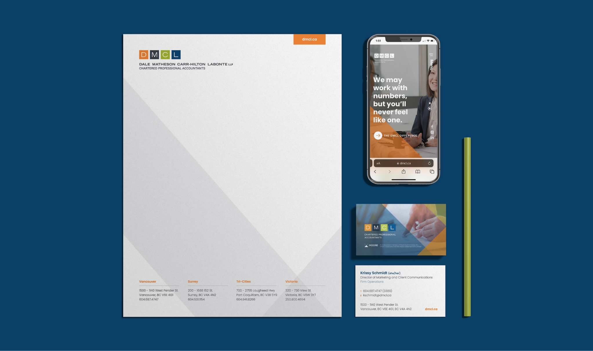 Branded collateral including DMCL letterhead and stationery design, business cards, pen, and website on mobile phone.
