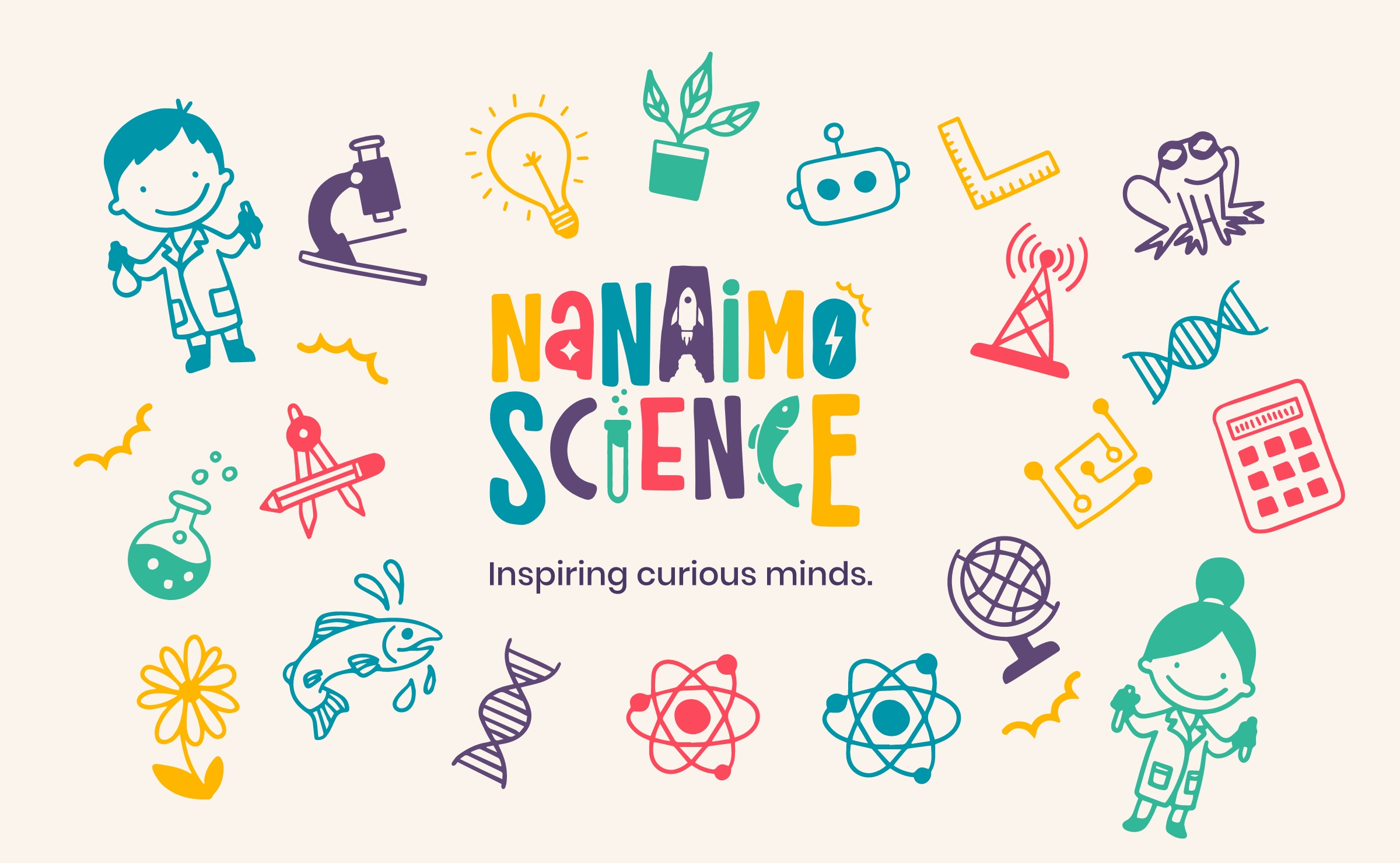 A colorful Nanaimo Science logo featuring playful, doodle-like illustrations of children, scientific icons like atoms and DNA, and nature elements.