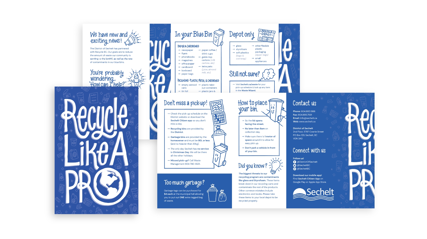 Different views of a tri-fold brochure promoting recycling in Sechelt, featuring large, playful typography, "Recycle Like A Pro," in a vibrant blue color with white accents.