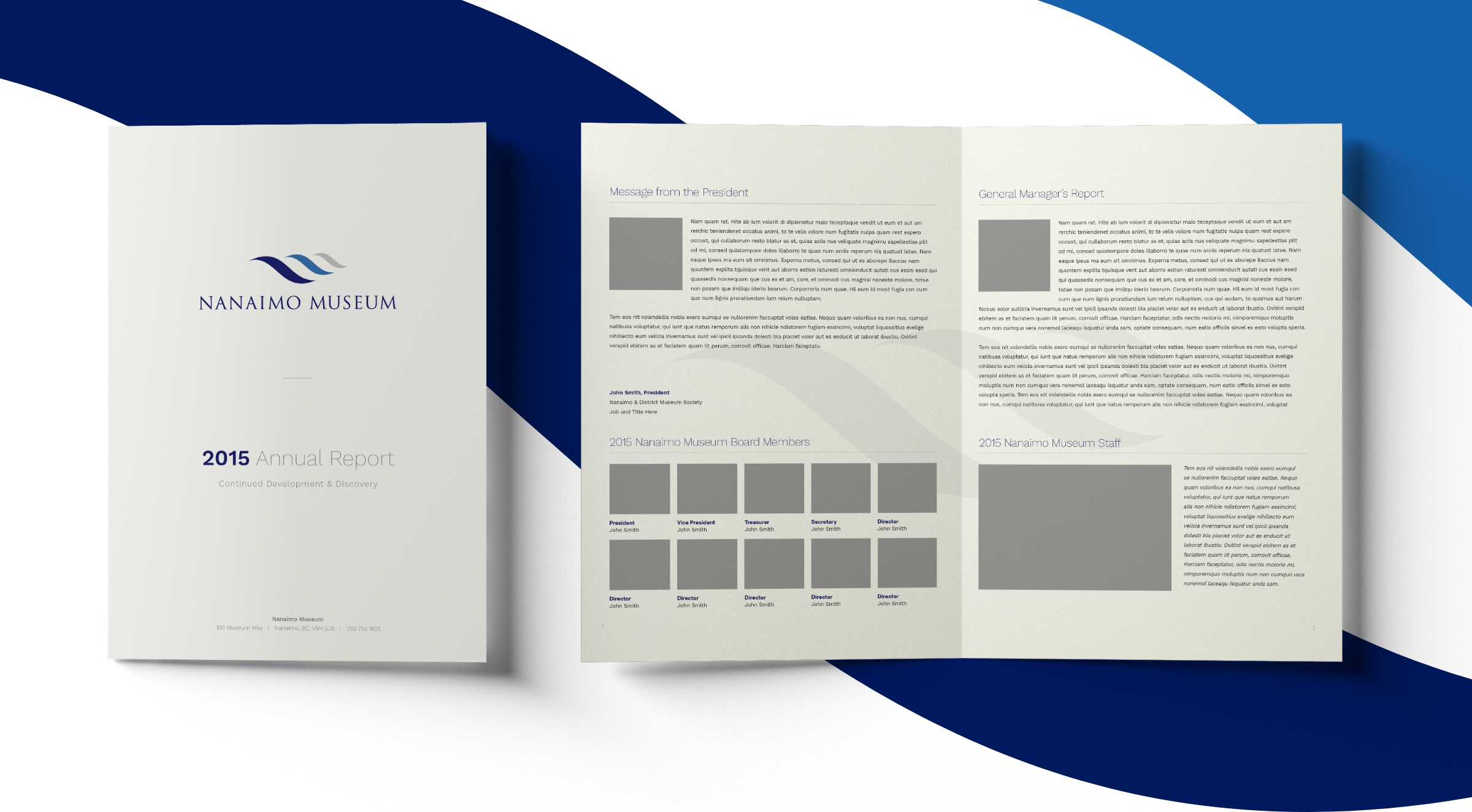 Print mockup of a branded Annual Report document with a design that evokes professionalism and establishes a memorable brand identity. On the left is the Annual Report cover with the Nanaimo Museum logo and document title in grey and dark blue. On the right is a mockup of the inside of the document sectioned off with different headings.