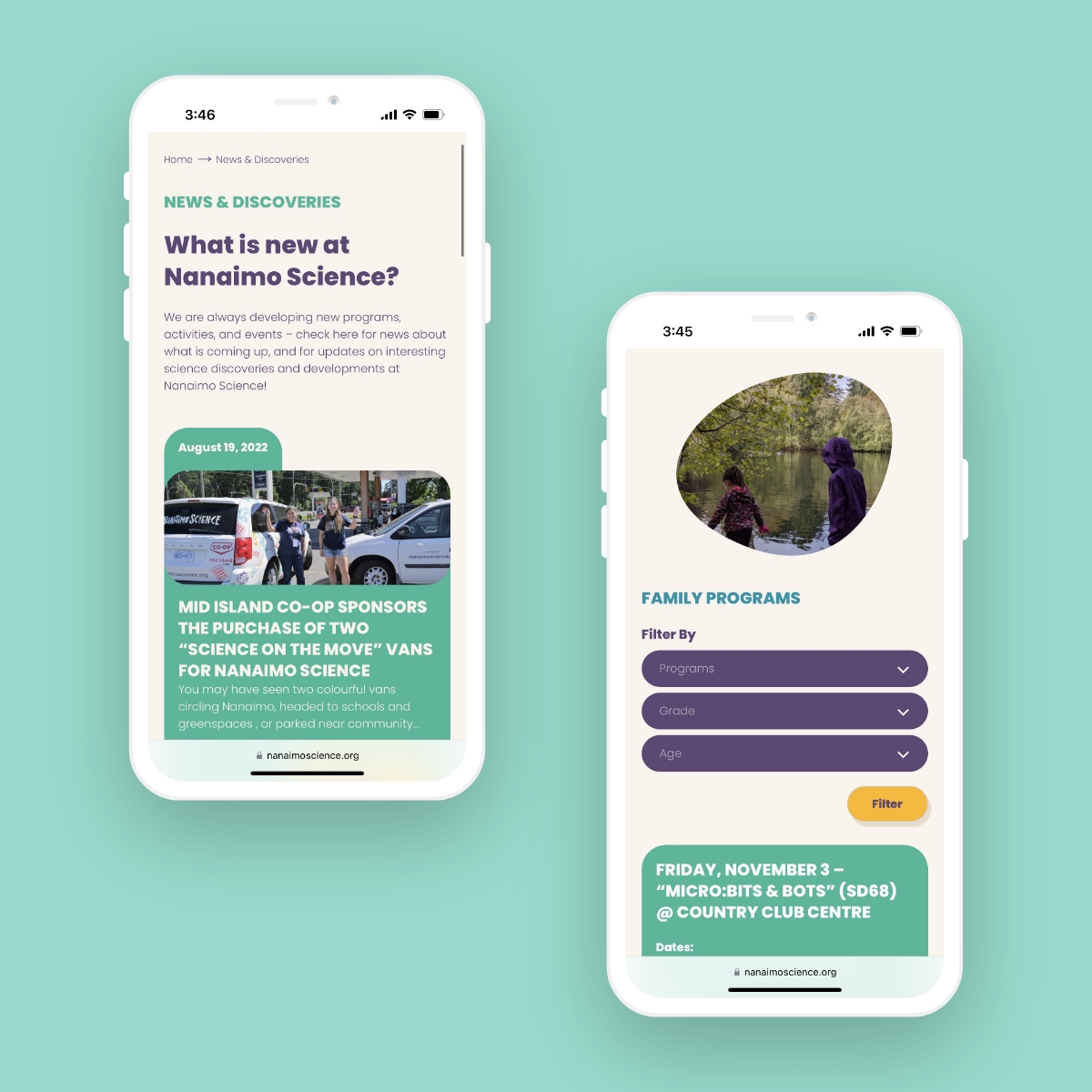 Mockups showcasing responsive mobile web design for Nanaimo Science website.