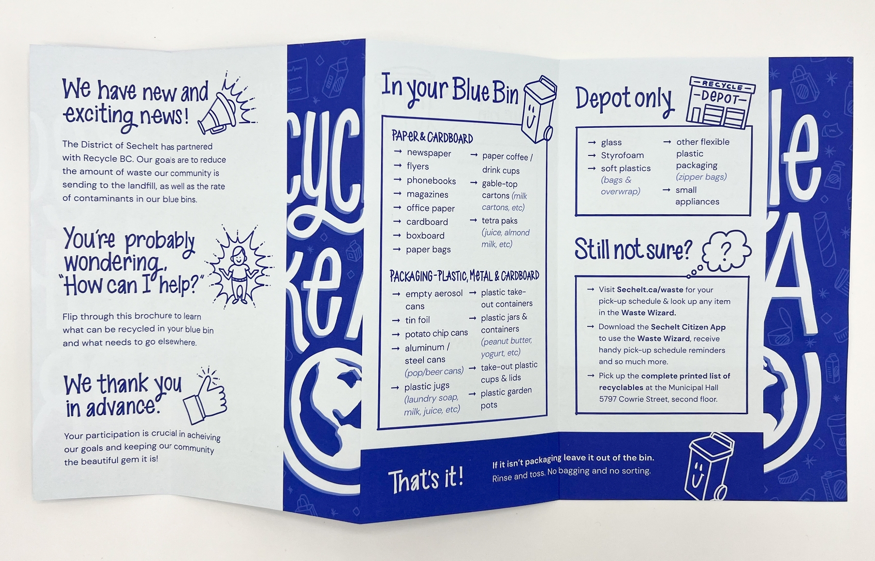 The inside of the brochure, providing detailed instructions on what items can be recycled, where to drop off specific items, and tips for making recycling easy and effective.