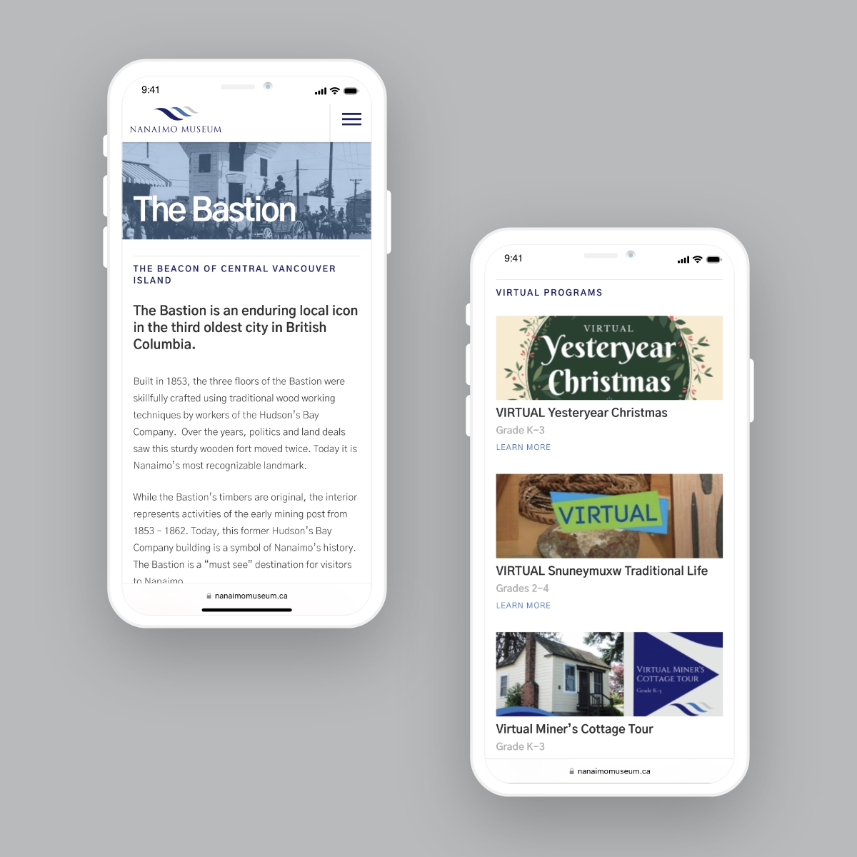 Two mobile screens showcasing responsive web design of different pages of the Nanaimo Museum website. One displays information about "The Bastion," a historical icon, and the other promotes virtual programs, including "Yesteryear Christmas" and "Snuneymuxw Traditional Life."