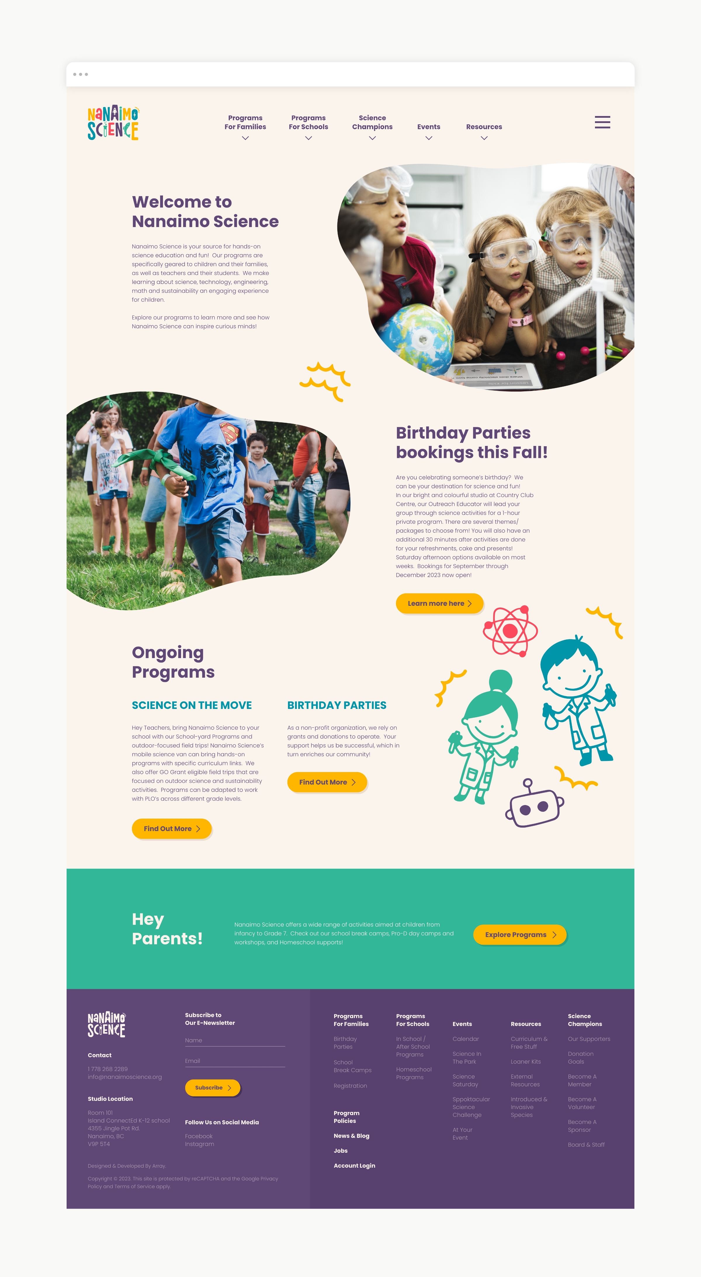 Nanaimo Science website home page featuring a vibrant and youthful colour palette, emphasizing a fun and educational theme.