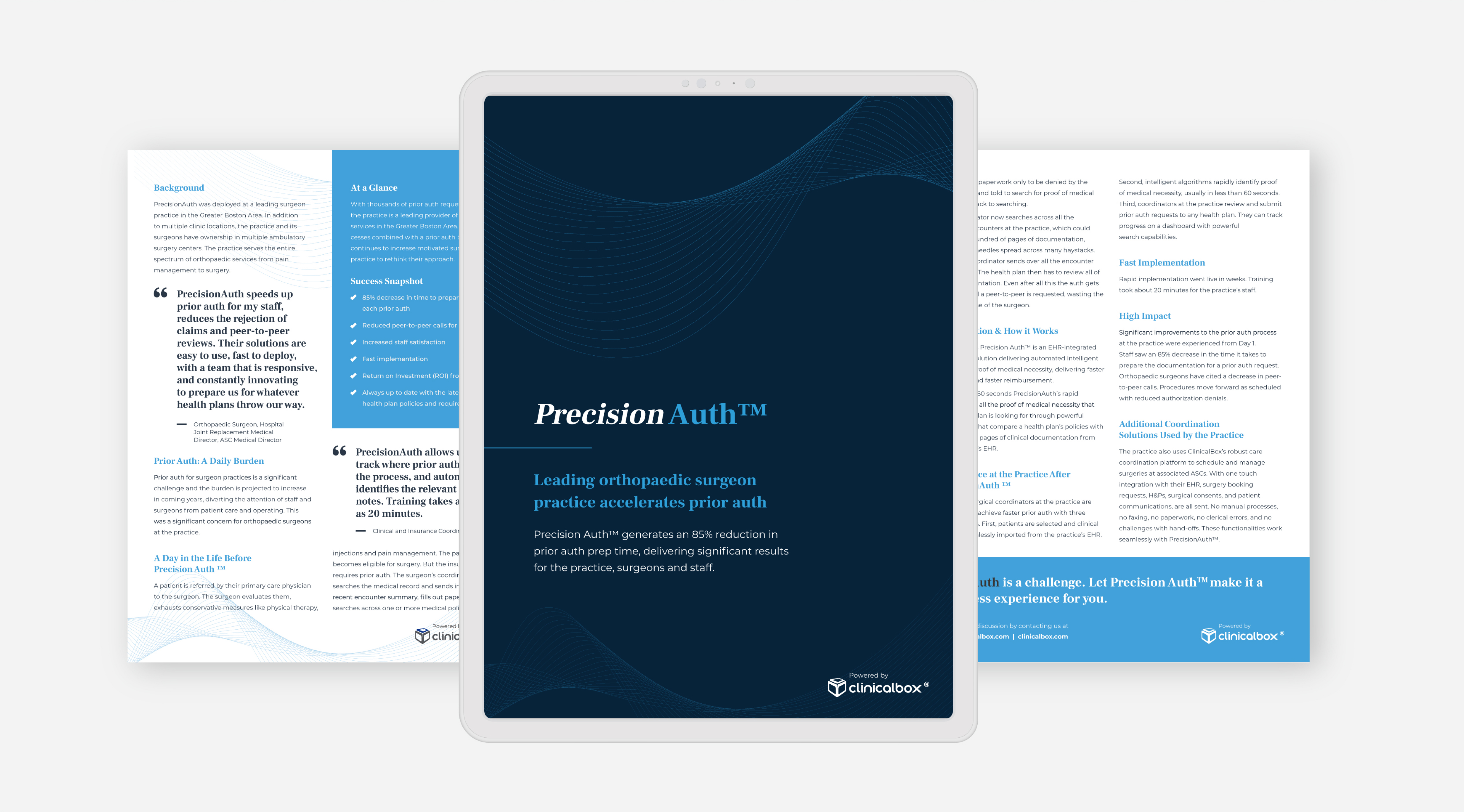 A digital tablet displaying an informational brochure for PrecisionAuthâ„¢ by ClinicalBox.