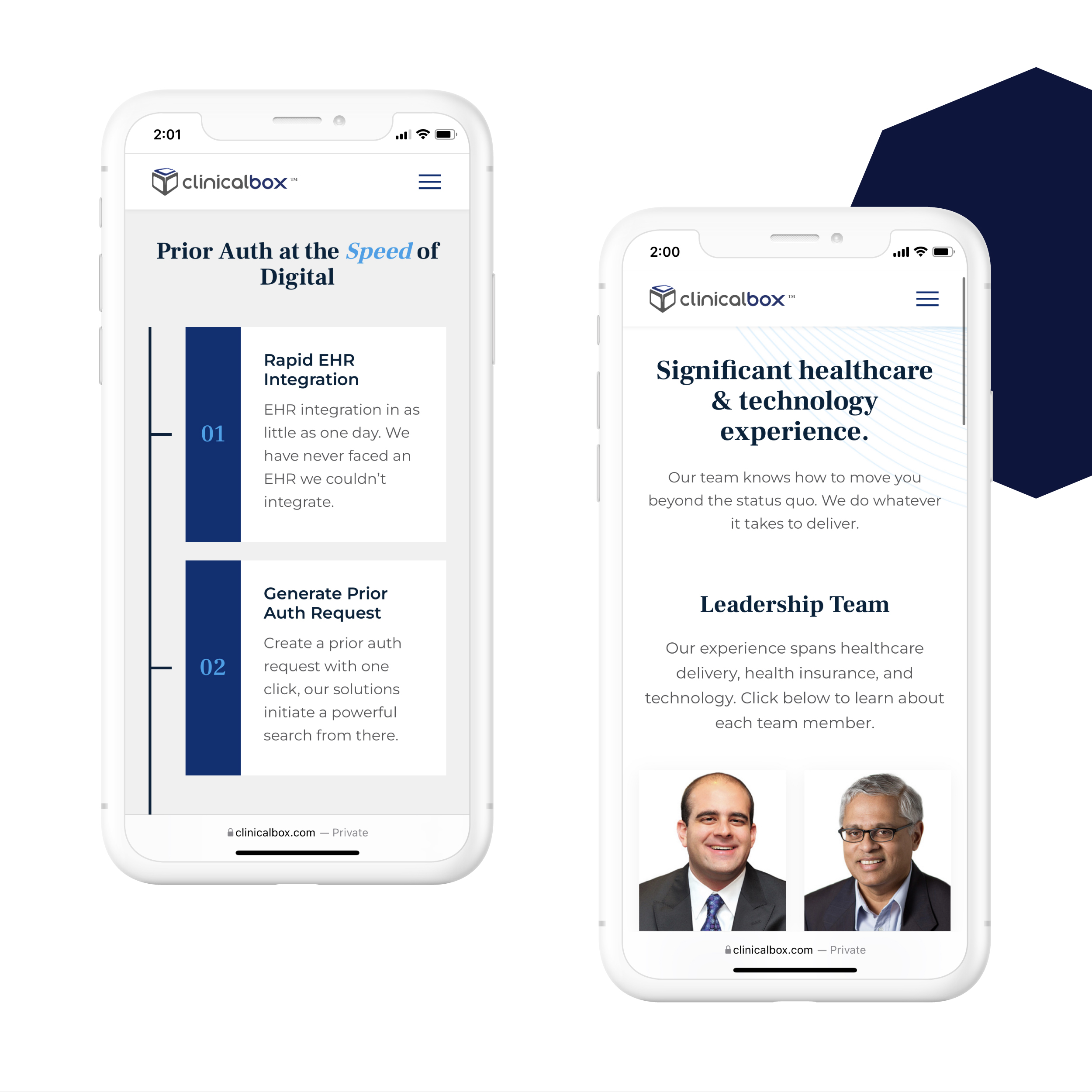 Two mobile screens displaying the PrecisionAuthâ„¢ platform by ClinicalBox. The left screen highlights the efficiency of their EHR integration and prior authorization request generation. The right screen introduces the leadership team and emphasizes their healthcare and technology expertise, featuring professional headshots of key team members.