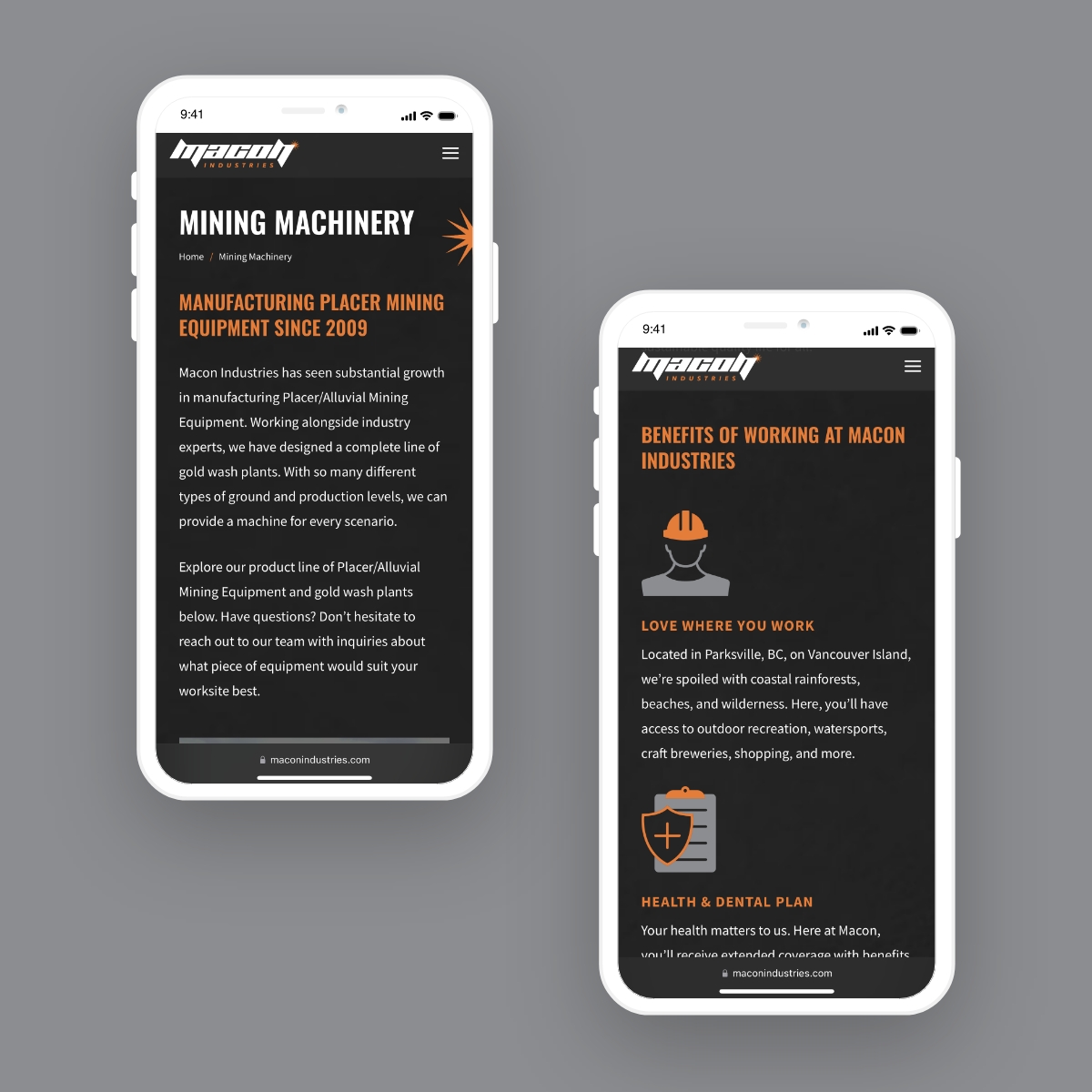 Two mobile phone screens showing different sections of the Macon Industries website. The left screen highlights "Manufacturing Placer Mining Equipment Since 2009," describing their equipment and services. The right screen focuses on employee benefits, such as the positive work environment and health and dental plans.