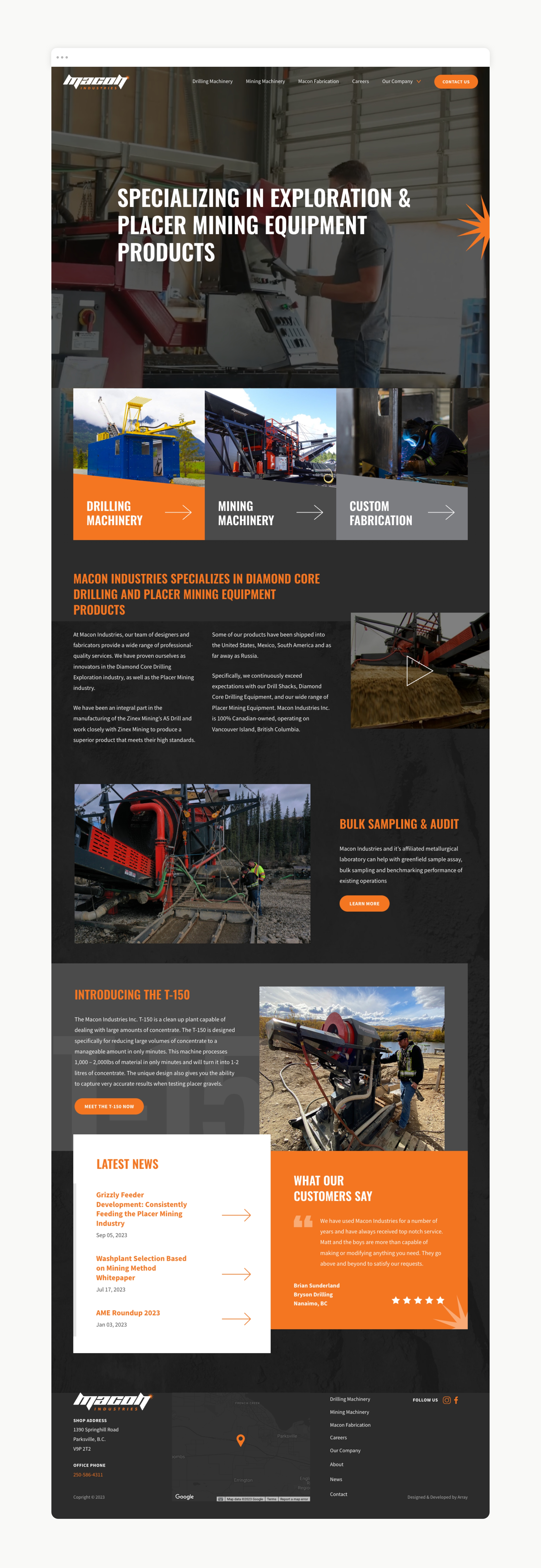 A full webpage view of Macon Industries' homepage, emphasizing their specialization in exploration and placer mining equipment. Sections display products like drilling machinery and custom fabrication, with images of industrial equipment and workers operating in outdoor mining environments. Testimonials and recent news updates are also featured at the bottom of the page.