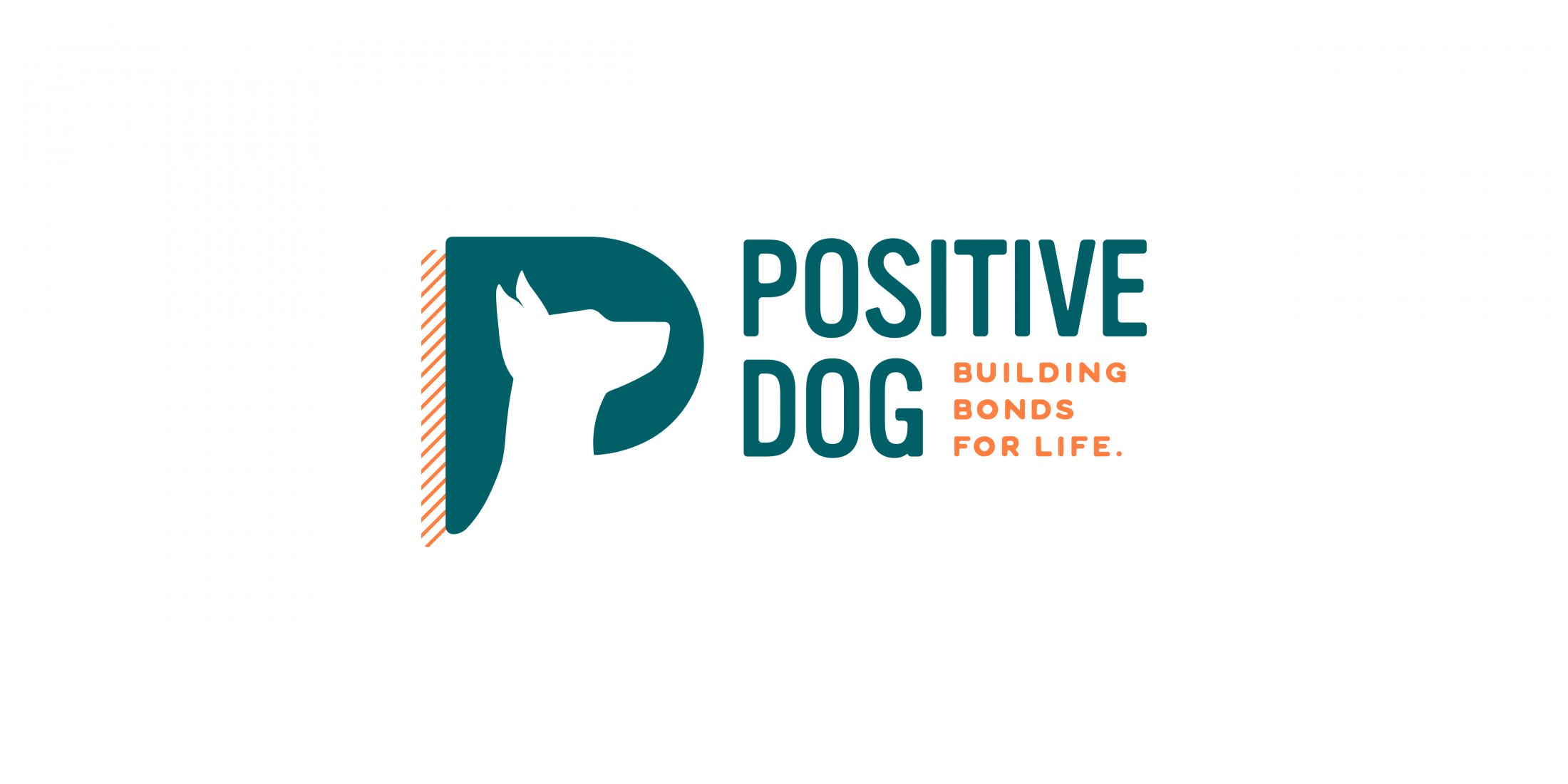 A business logo for "Positive Dog" featuring a stylized dog’s silhouette inside the letter "P" in teal with orange accents. The tagline reads "Building Bonds for Life."