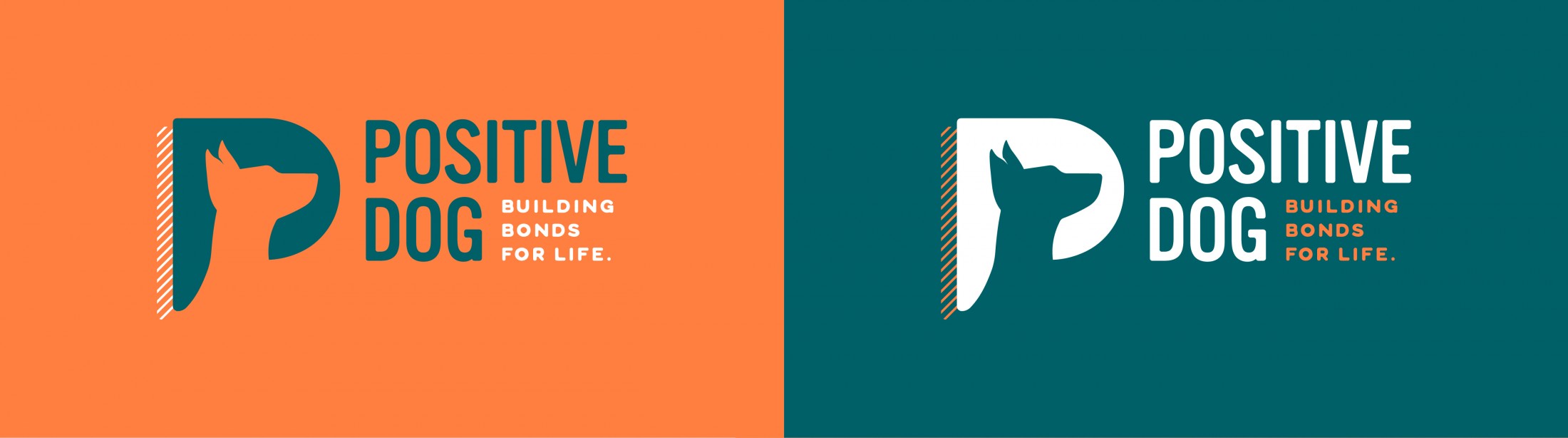 Two brand variations for "Positive Dog," one on an orange background and the other on a teal background, featuring the dog silhouette logo with the tagline "Building Bonds for Life."