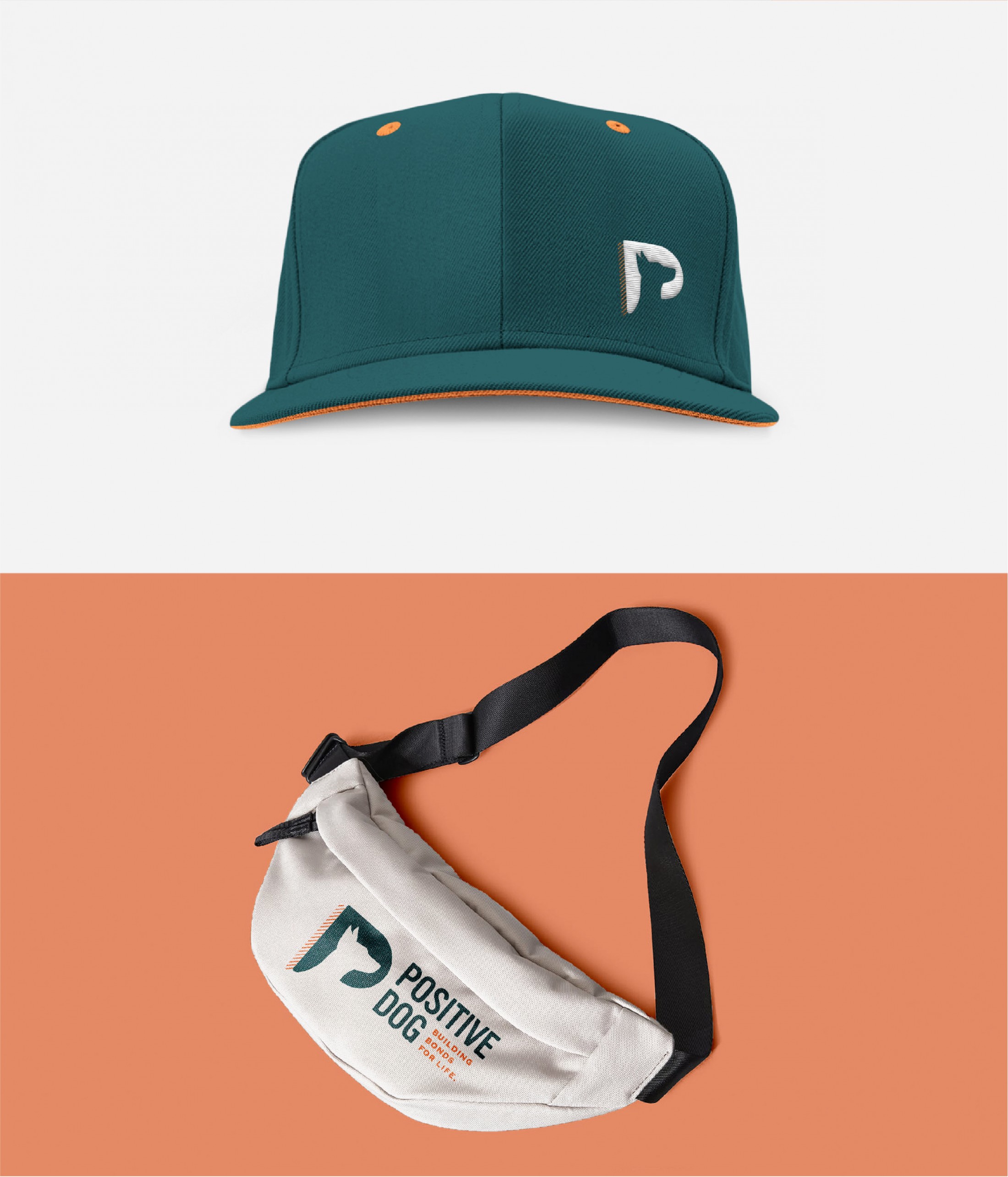 Top image is a teal baseball cap with a white Positive Dog logo on the right of the hat. The bottom image is a white fanny pack with the Positive Dog logo.