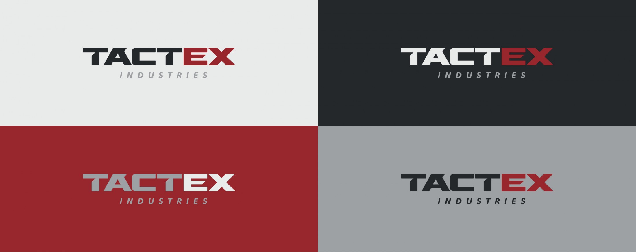 TACTEX Industries logo variations displayed on four different color backgrounds: white, black, red, and gray.