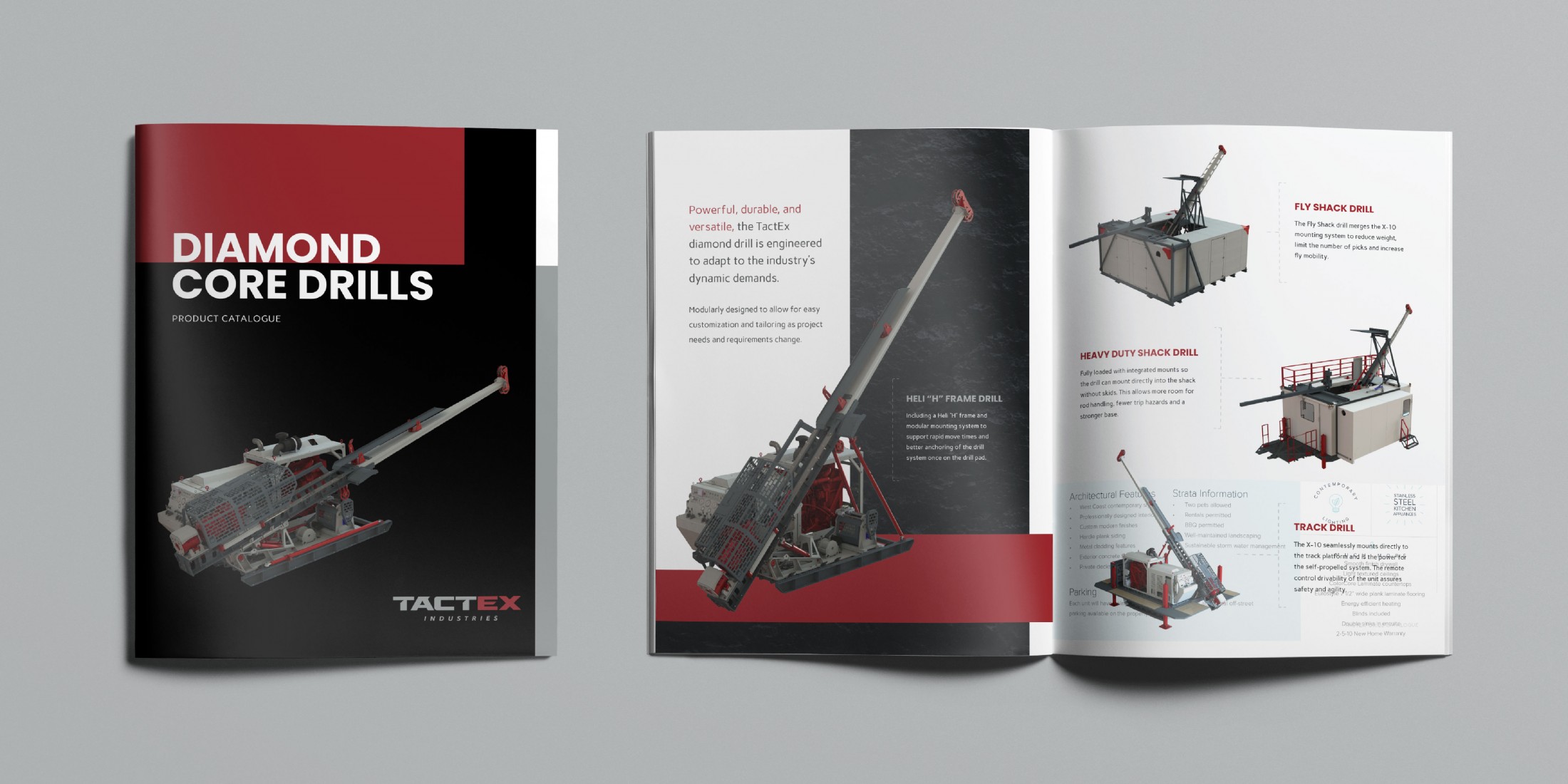 TACTEX Diamond Core Drills product catalogue featuring images of various drill models along with detailed descriptions of their features and specifications.