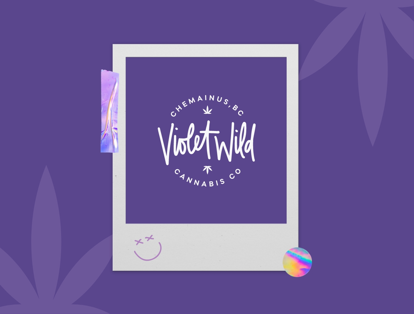 A mockup of a polaroid image with Violet Wild's logo in the centre. The background is purple with lighter purple cannabis leaves.