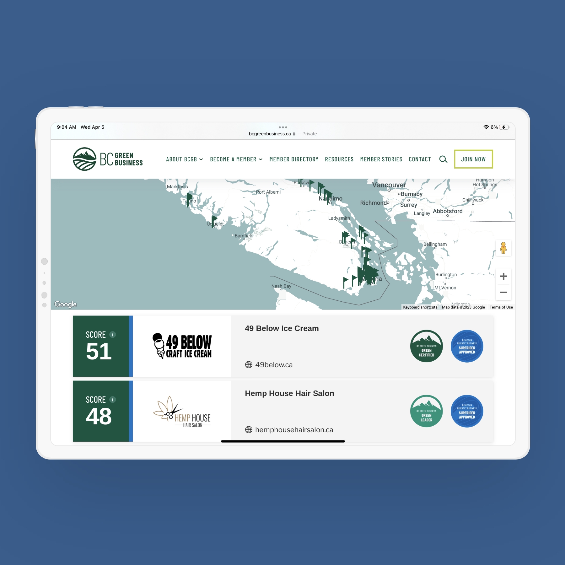 Website graphic design showcasing the responsive tablet layout for BC Green Business, designed and developed by Array.