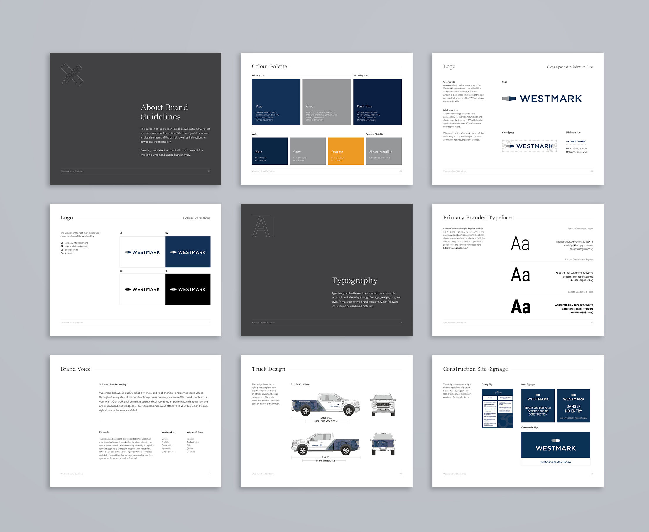 A set of brand guidelines for Westmark, displayed on a gray background, featuring colour palettes, logo variations, typography, print collateral mockups.
