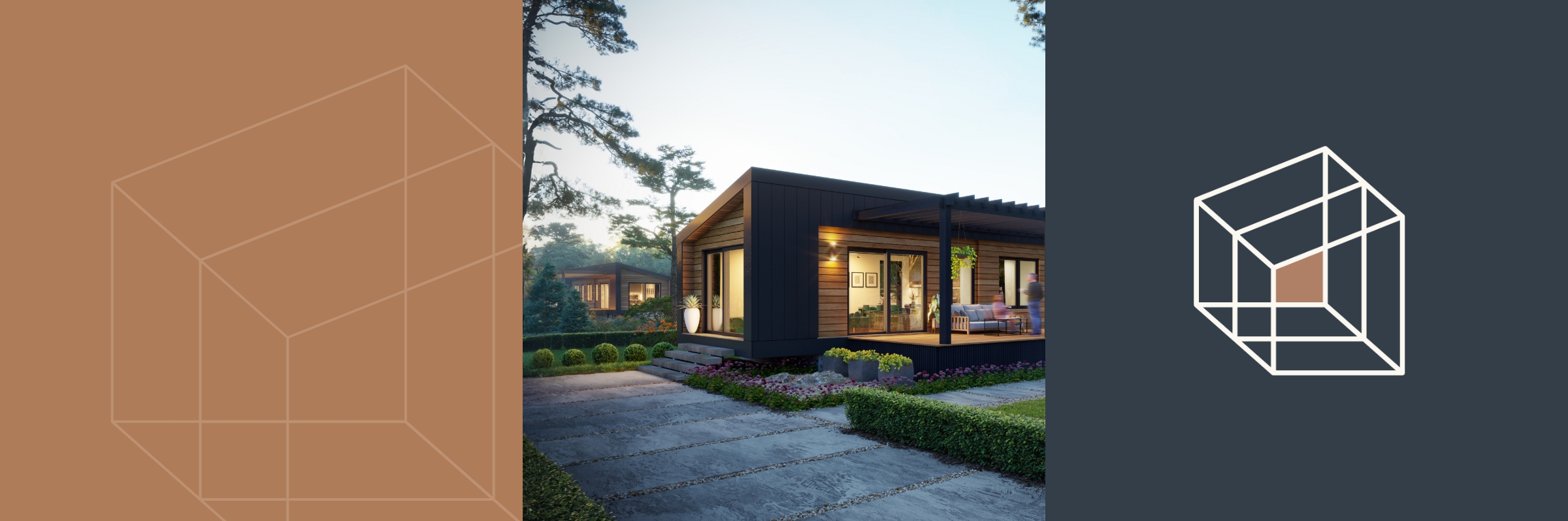 3 images. Left: Pacific Modular logo in white with a brown background. Centre: a 3D rendered modular home. Right: Pacific Modular logo on a grey background.