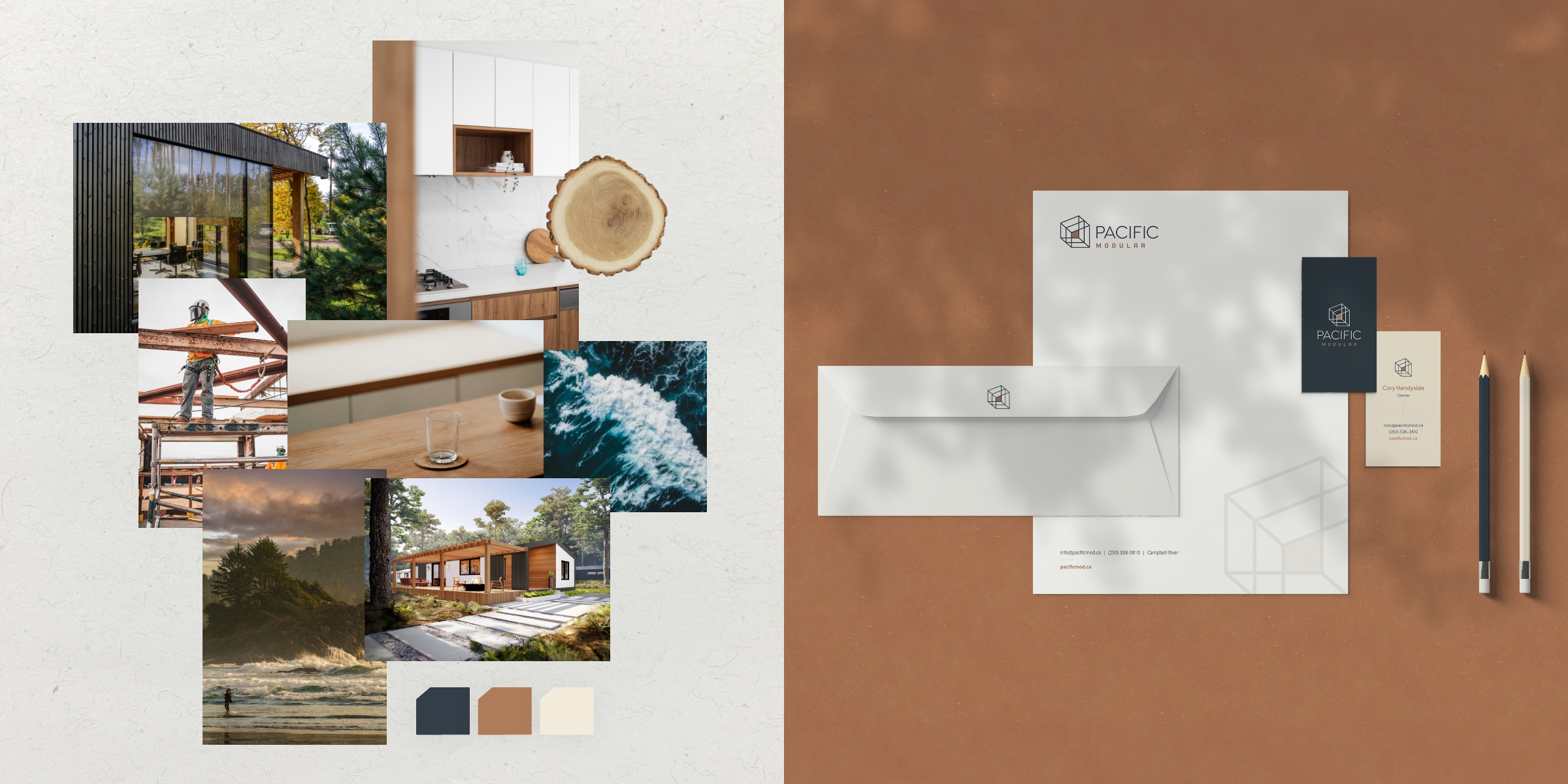 Left: Collage of images to create Pacific Modular's brand identity. Right: Brand collateral with Pacific Modular's branding, including stationary, envelopes, business cards, and pens.