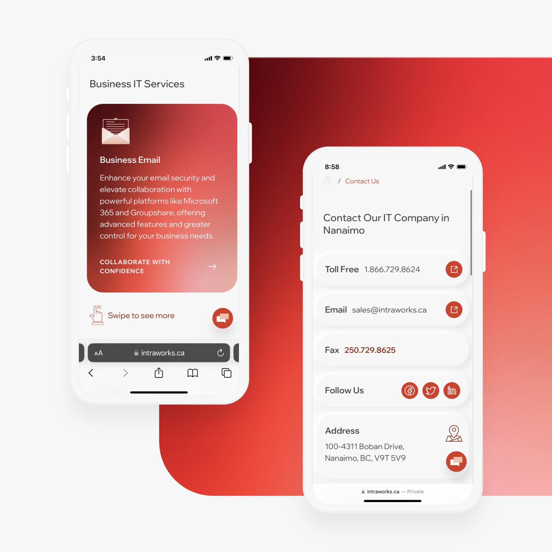 2 iPhone mockups showcasing responsive website design for Intraworks.