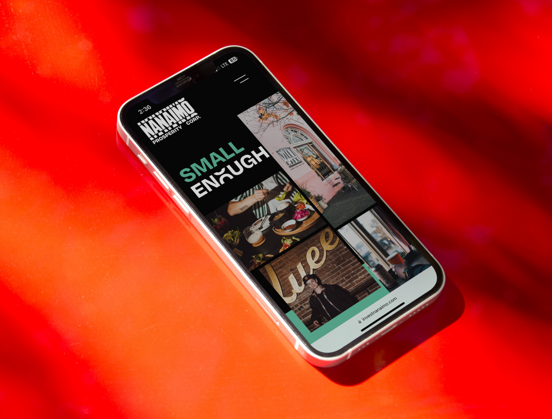 Mobile phone mockup of Nanaimo Prosperity Corporation's website.