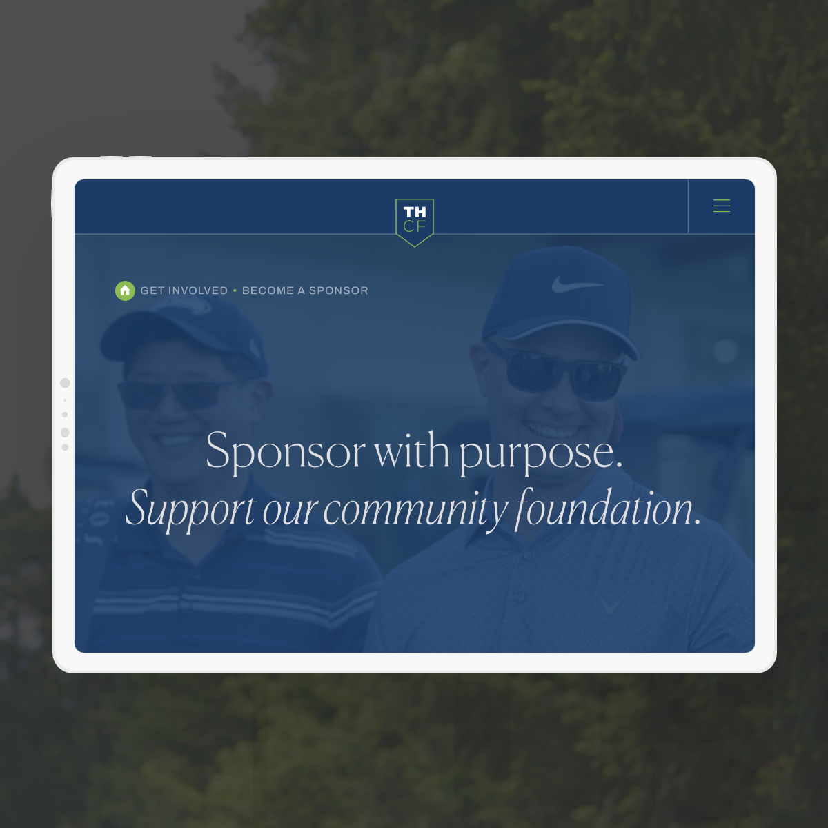Tablet displaying the Tom Harris Community Foundation's website. Responsive web design and development by Array.