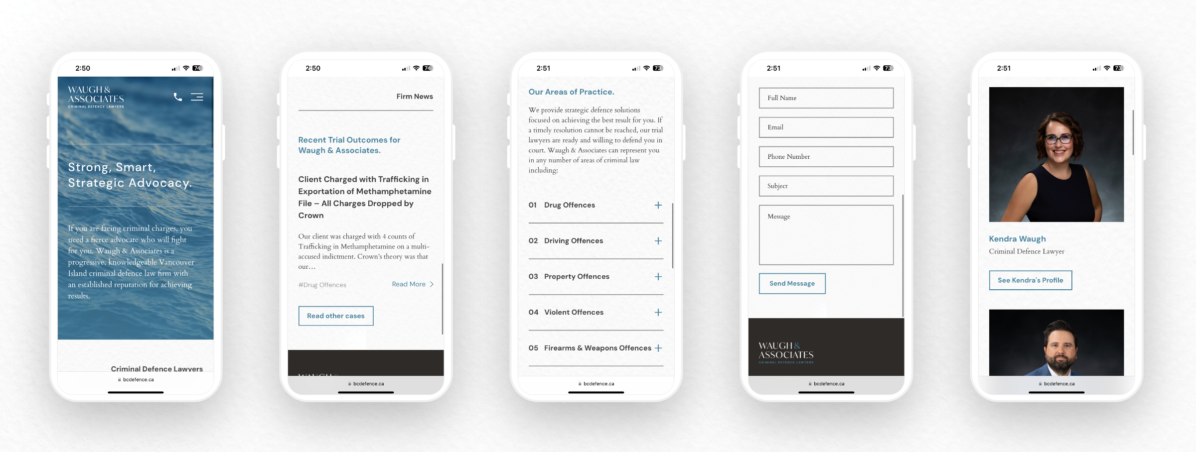 Mobile phone mockups displaying different sections of the Waugh & Associates website. Fully responsive site developed by Array.