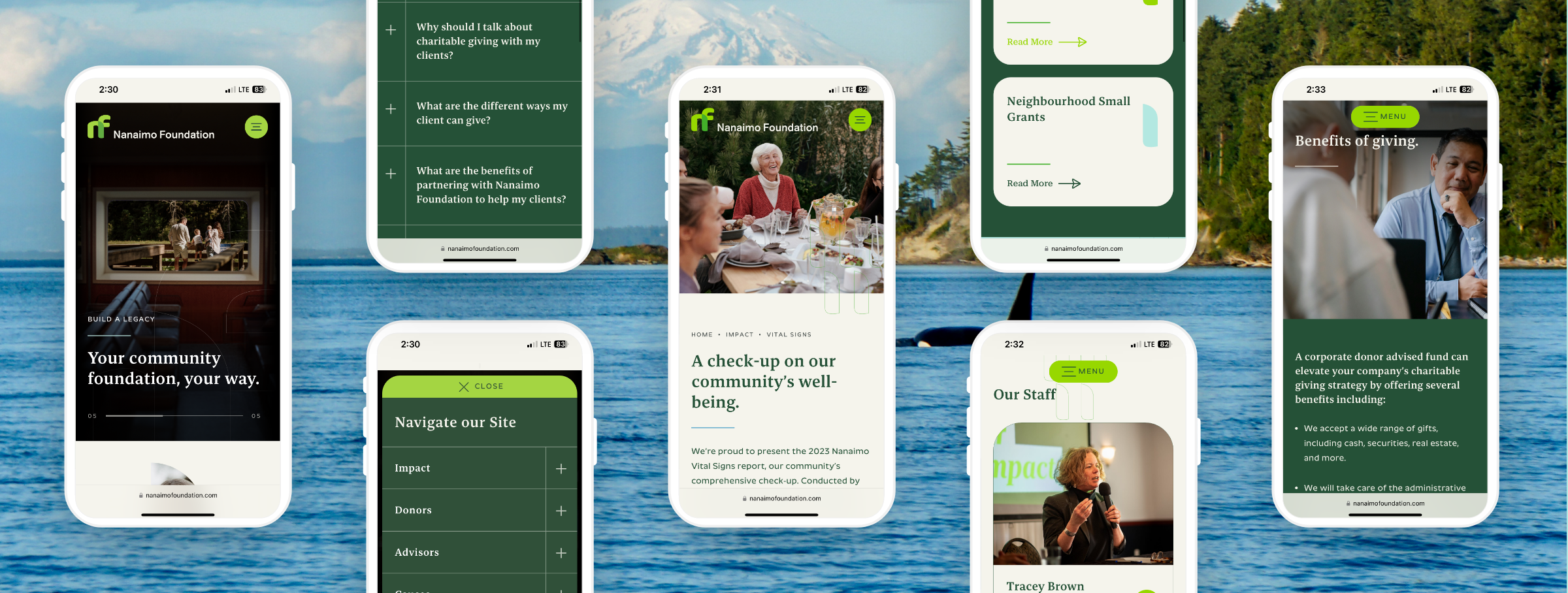 Mobile phone mockups of the Nanaimo Foundation website showcasing responsive web design. Messaging strategy and website designed and developed by Array.
