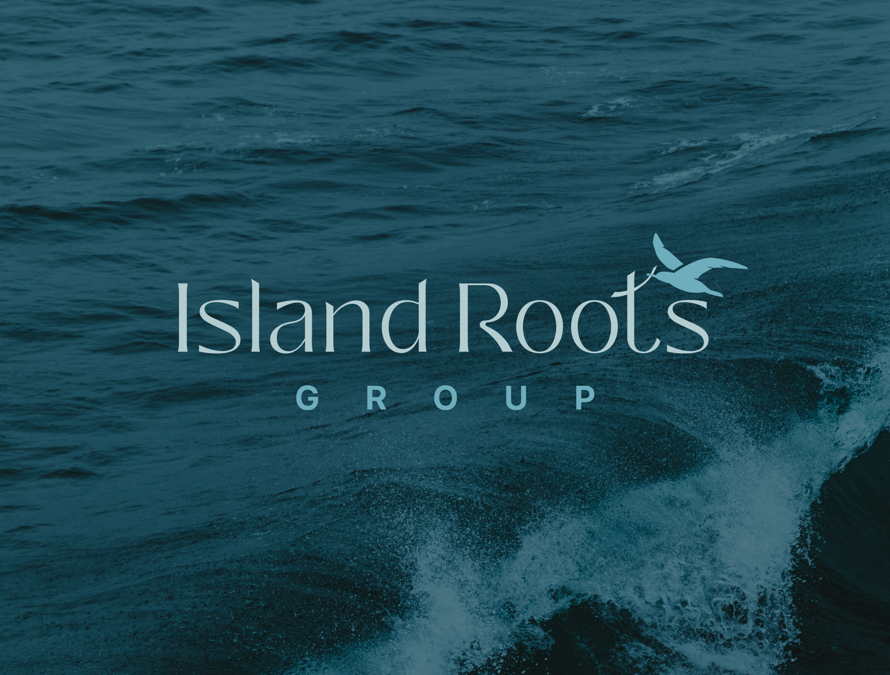 Island Roots Group logo overlayed on ocean waves background.