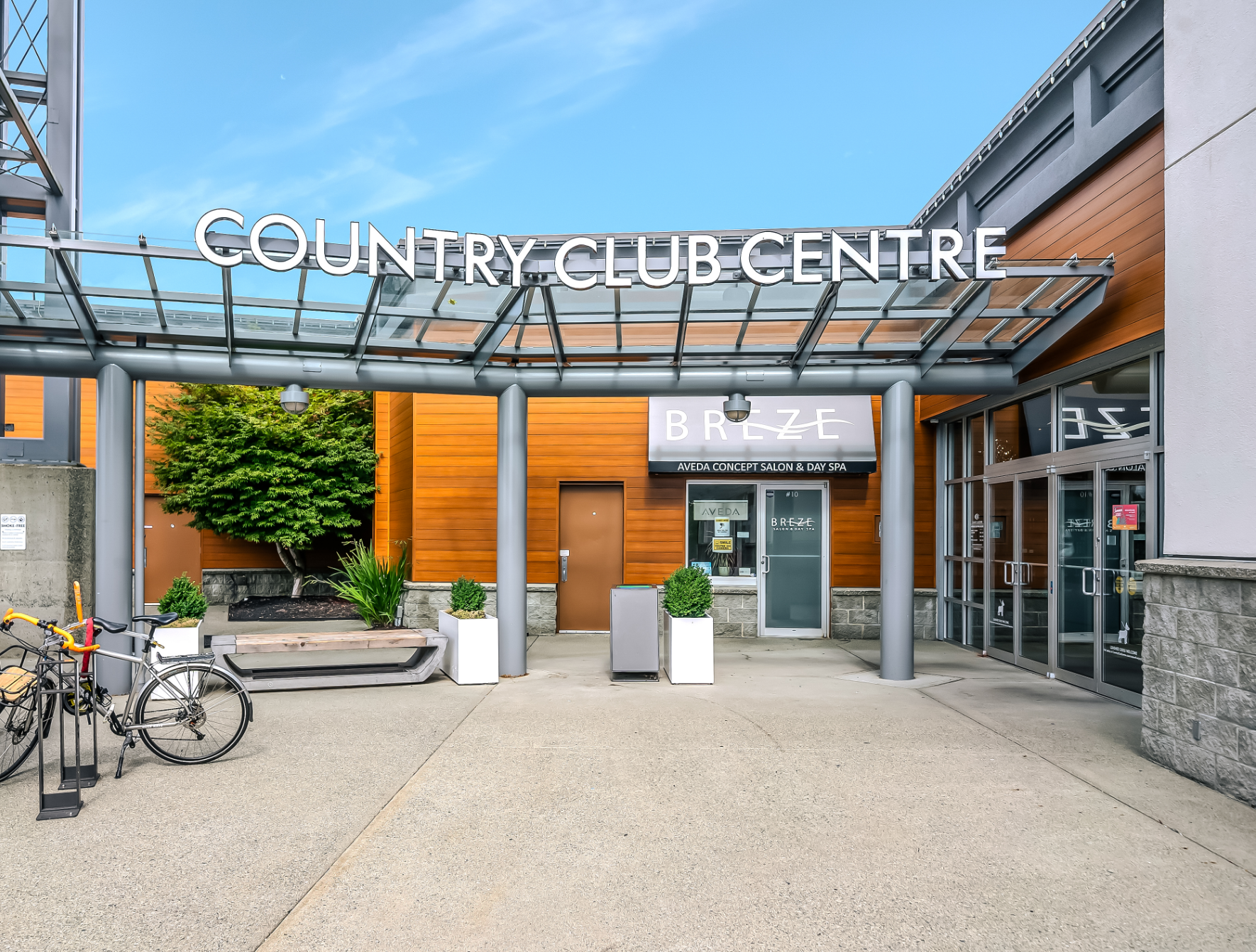 Exterior view of Country Club Centre's entrance in Nanaimo, BC.