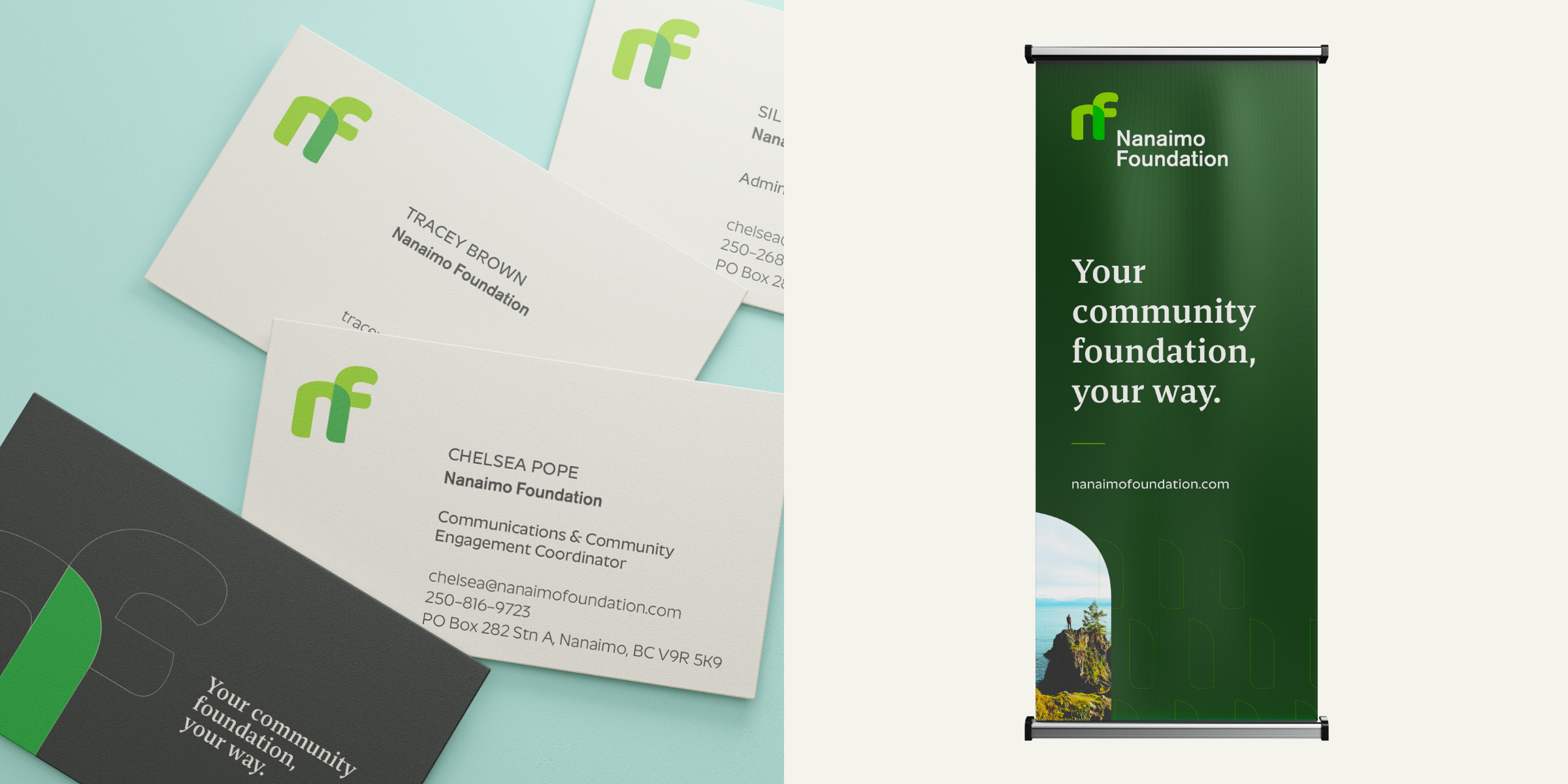 Nanaimo Foundation business cards and banner. Marketing print collateral and messaging strategy designed by Array.