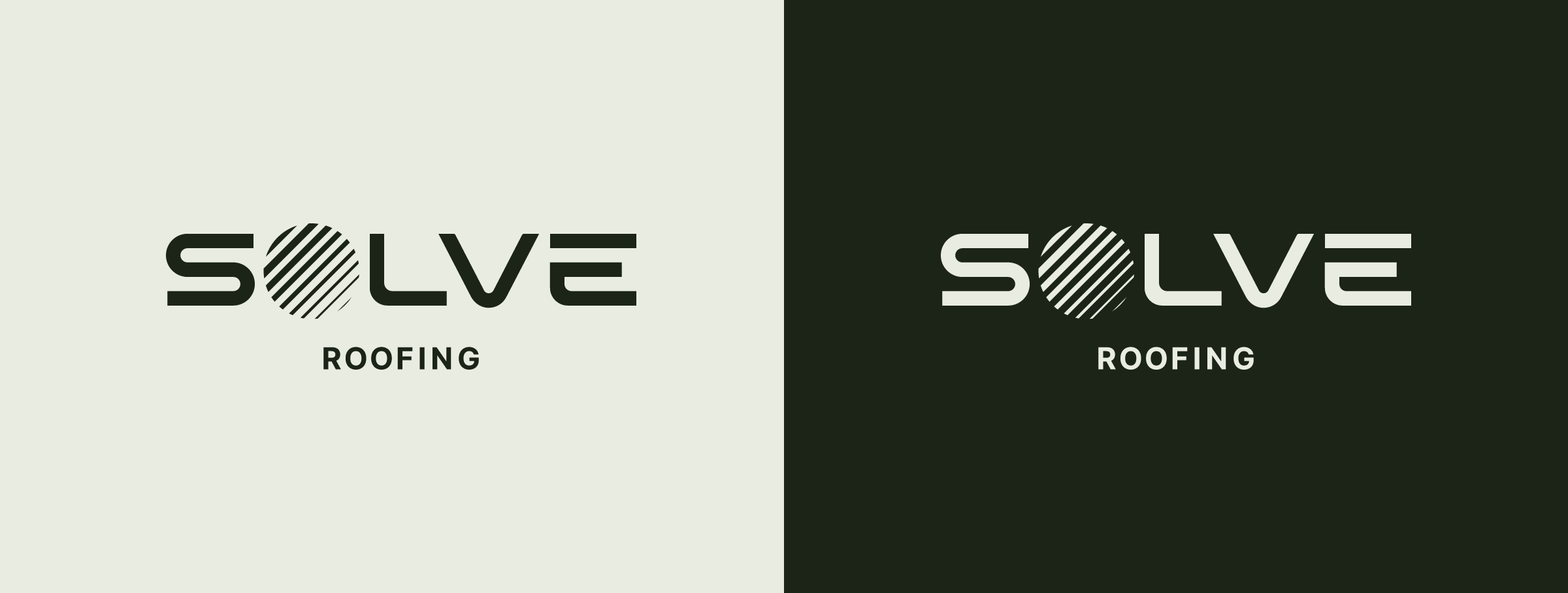 Solve Roofing logo variations on off-white background and dark green background. Logo design by Array.