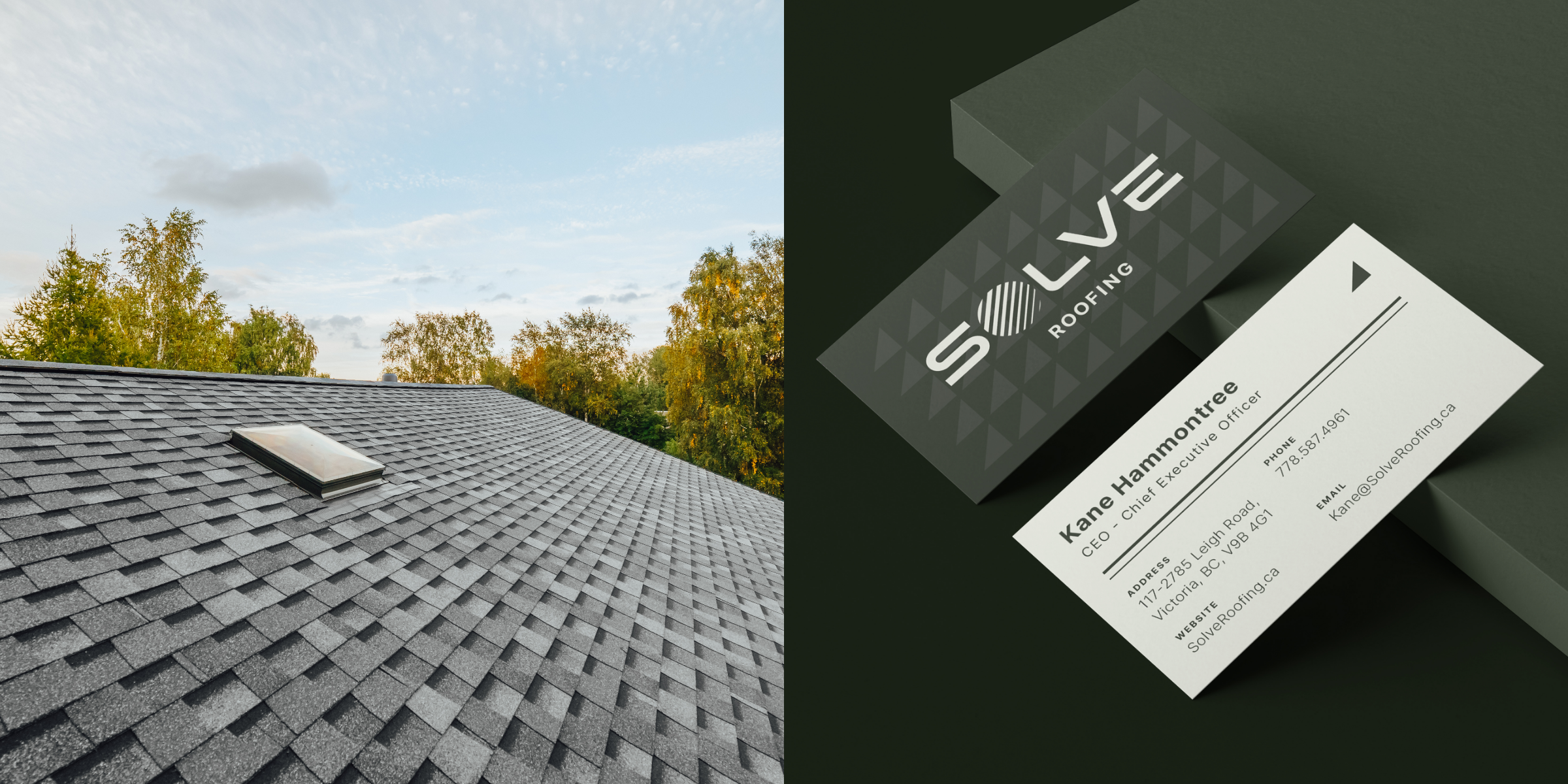 A picture of a roof on the left. On the right is the front and back of a Solve Roofing business card.
