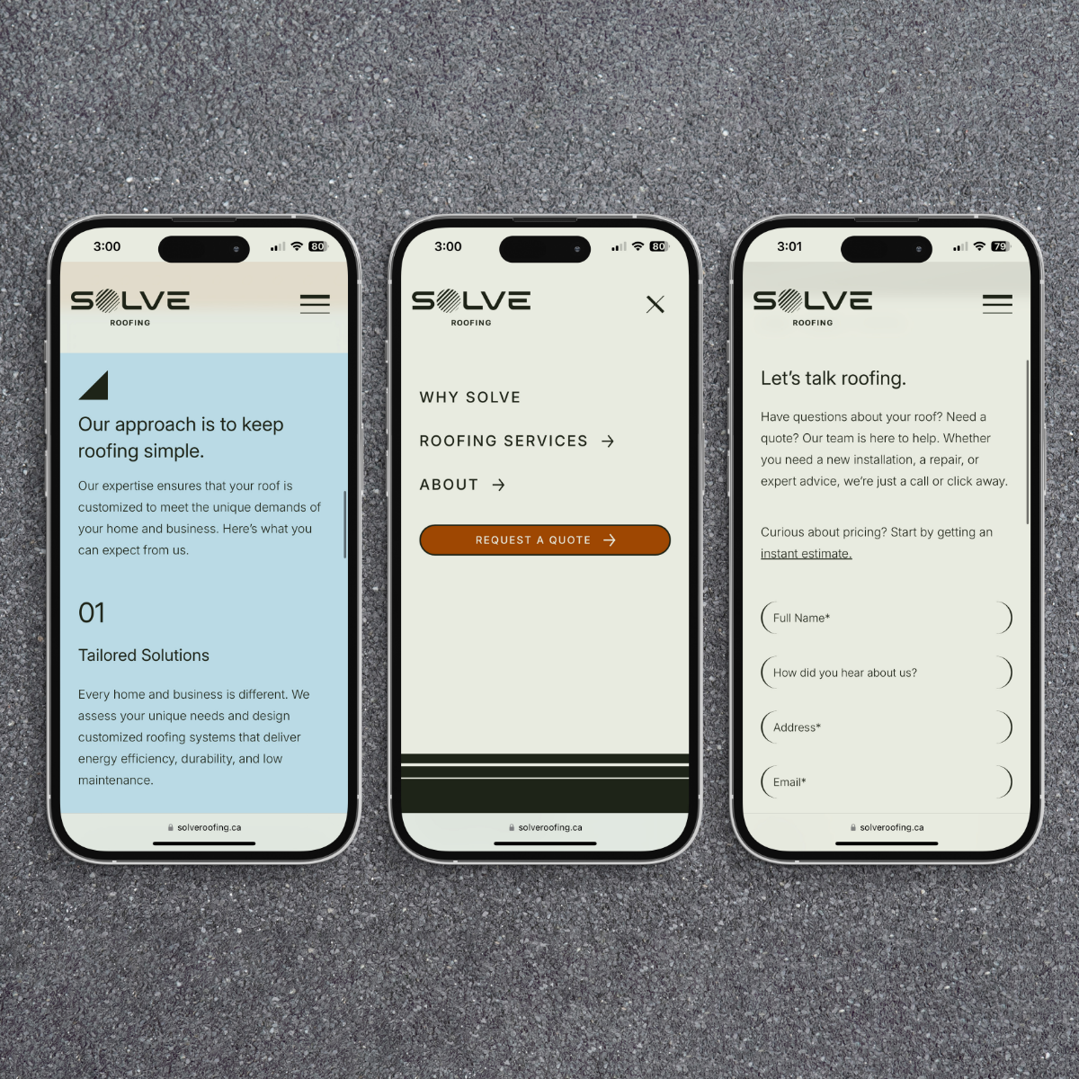 3 mobile phones displaying different sections of the Solve Roofing website. Mobile-friendly web design and development by Array.