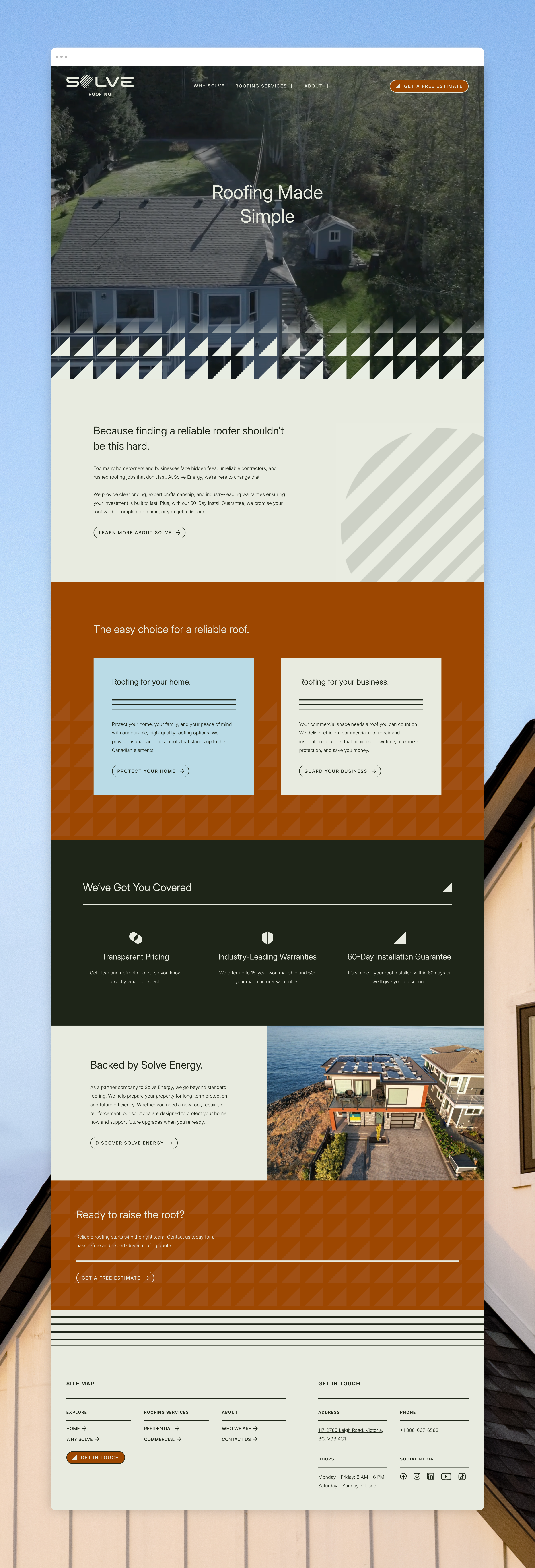 Screenshot of Solve Roofing's website home page. Design and development by Array.